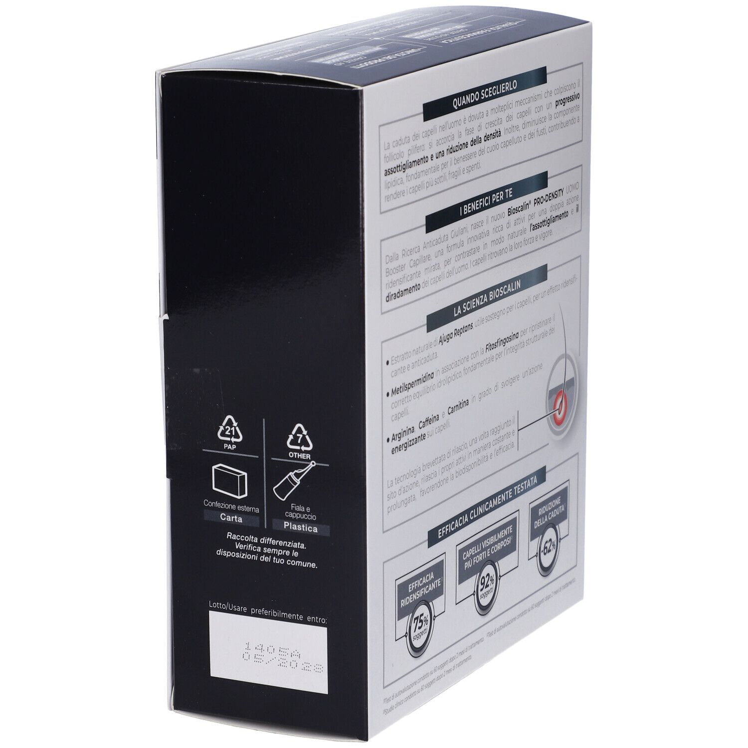 Bioscalin Pro Density Uomo. Confezione, retro. Testo: Efficacia, 75%, 92%, 62%. Giuliani.