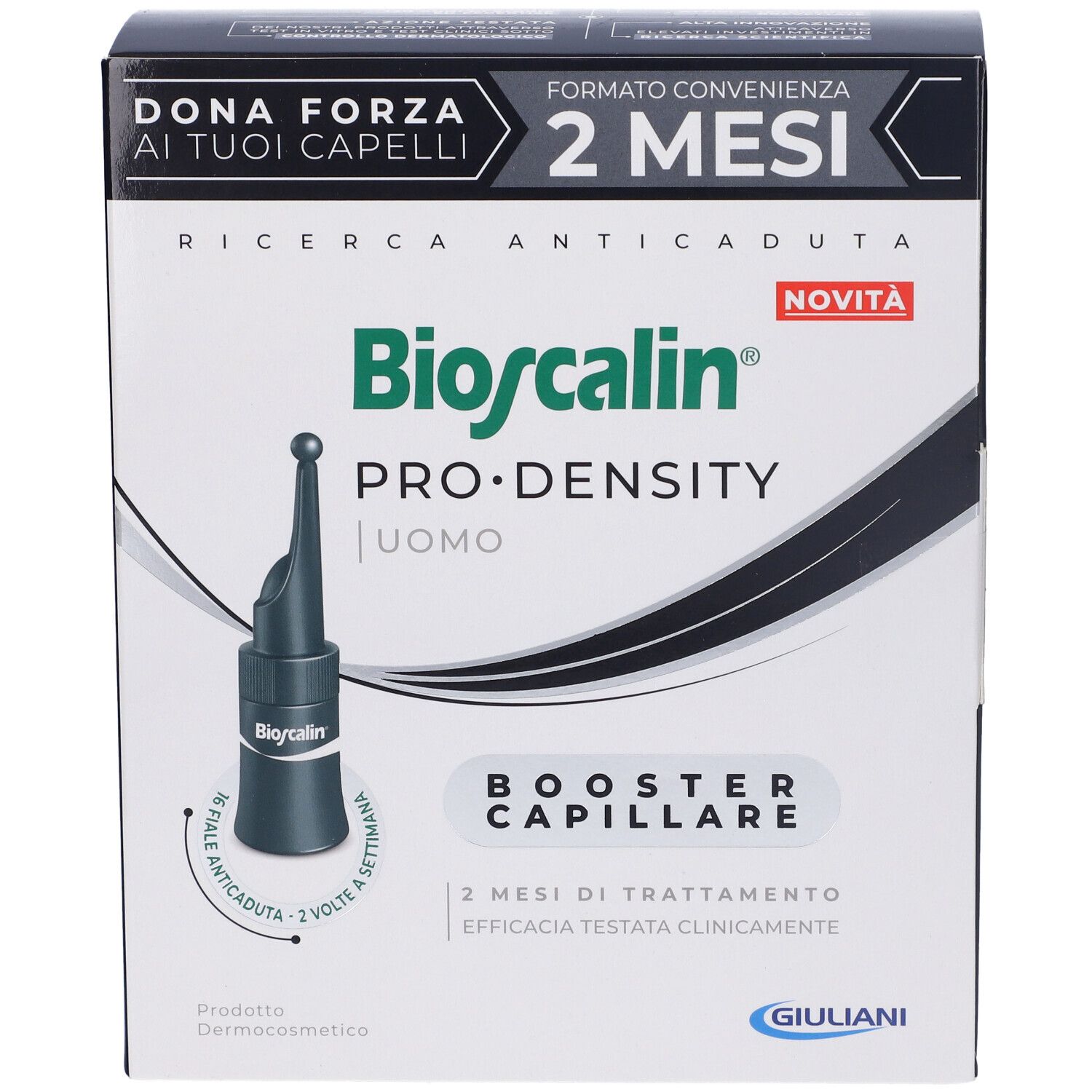 Bioscalin Pro Density Uomo. Confezione con immagine del prodotto. Testo: Dona Forza ai tuoi capelli, 2 mesi, Booster Capillare.