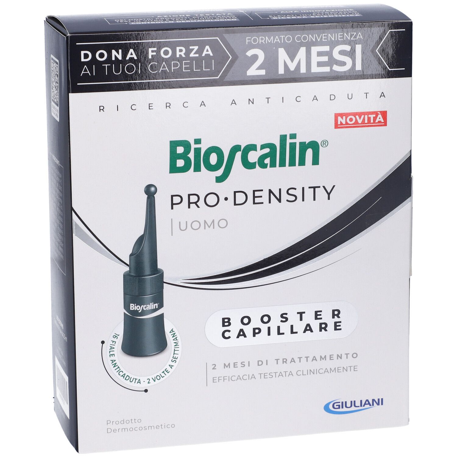 Bioscalin Pro Density Uomo. Confezione del prodotto. Testo: Dona Forza ai tuoi capelli, 2 mesi, Booster Capillare, Giuliani.