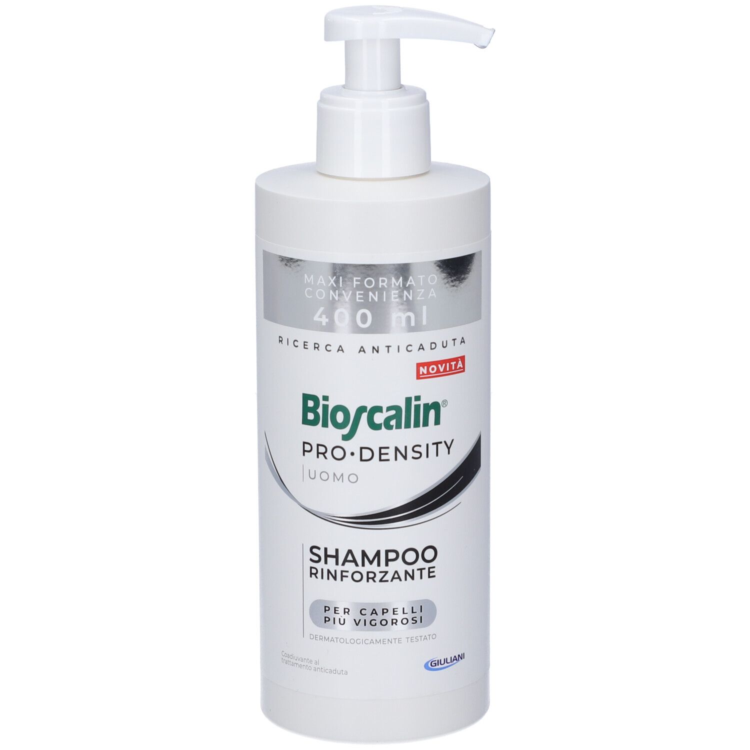Flacone bianco con dosatore. Scritta: Bioscalin Pro-Density Uomo, Shampoo Rinforzante. 400 ml.