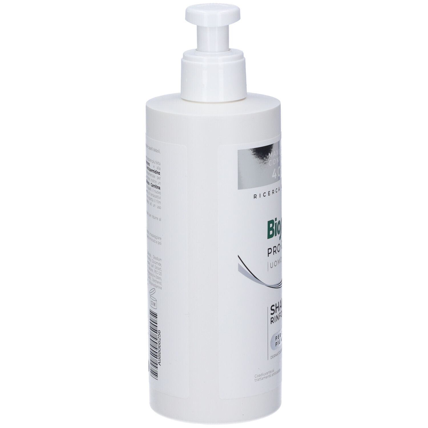 Flacone bianco con dosatore. Scritta: Bioscalin Pro-Density Uomo, Shampoo Rinforzante. 400 ml.
