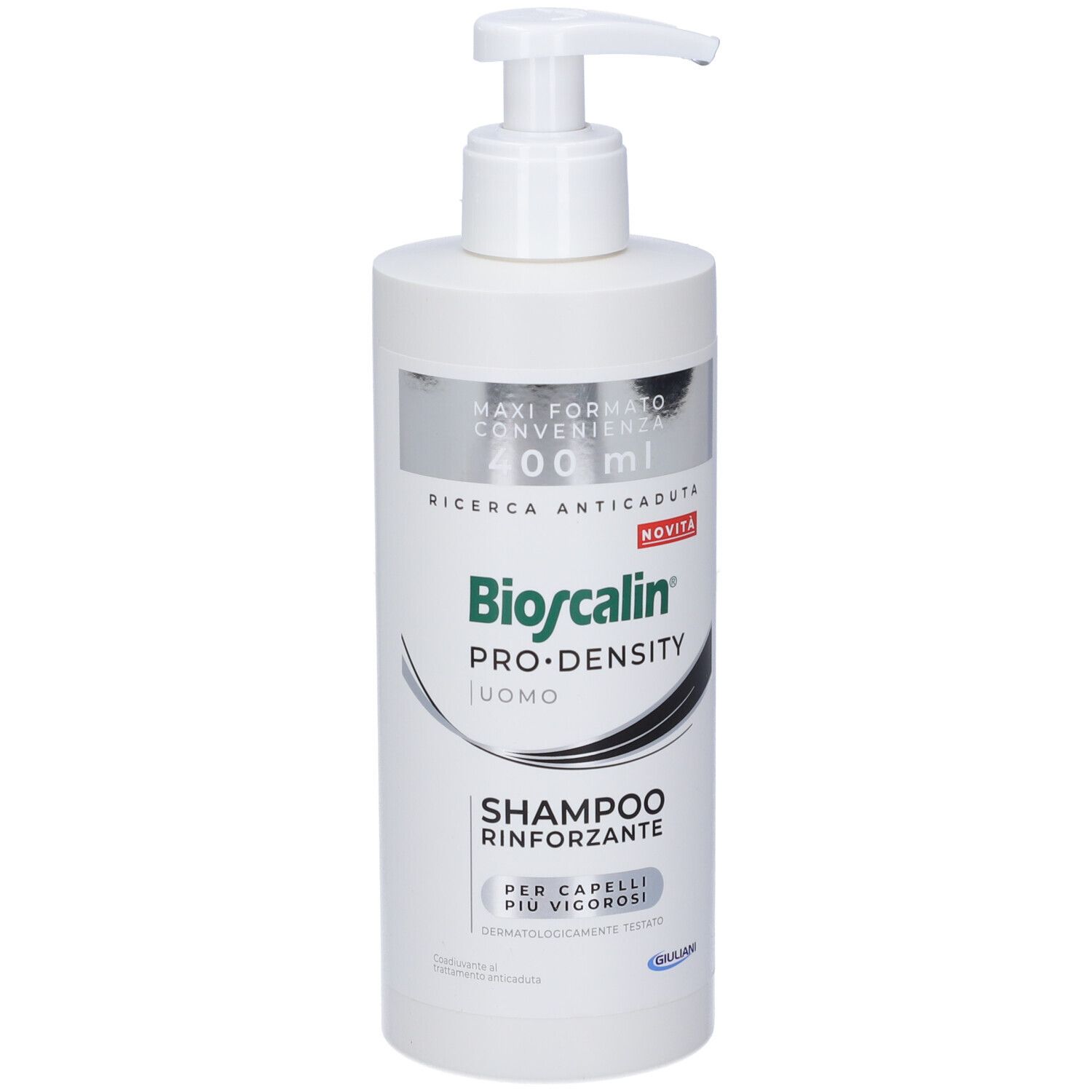 Flacone bianco con dosatore. Scritta: Bioscalin Pro-Density Uomo, Shampoo Rinforzante. 400 ml.