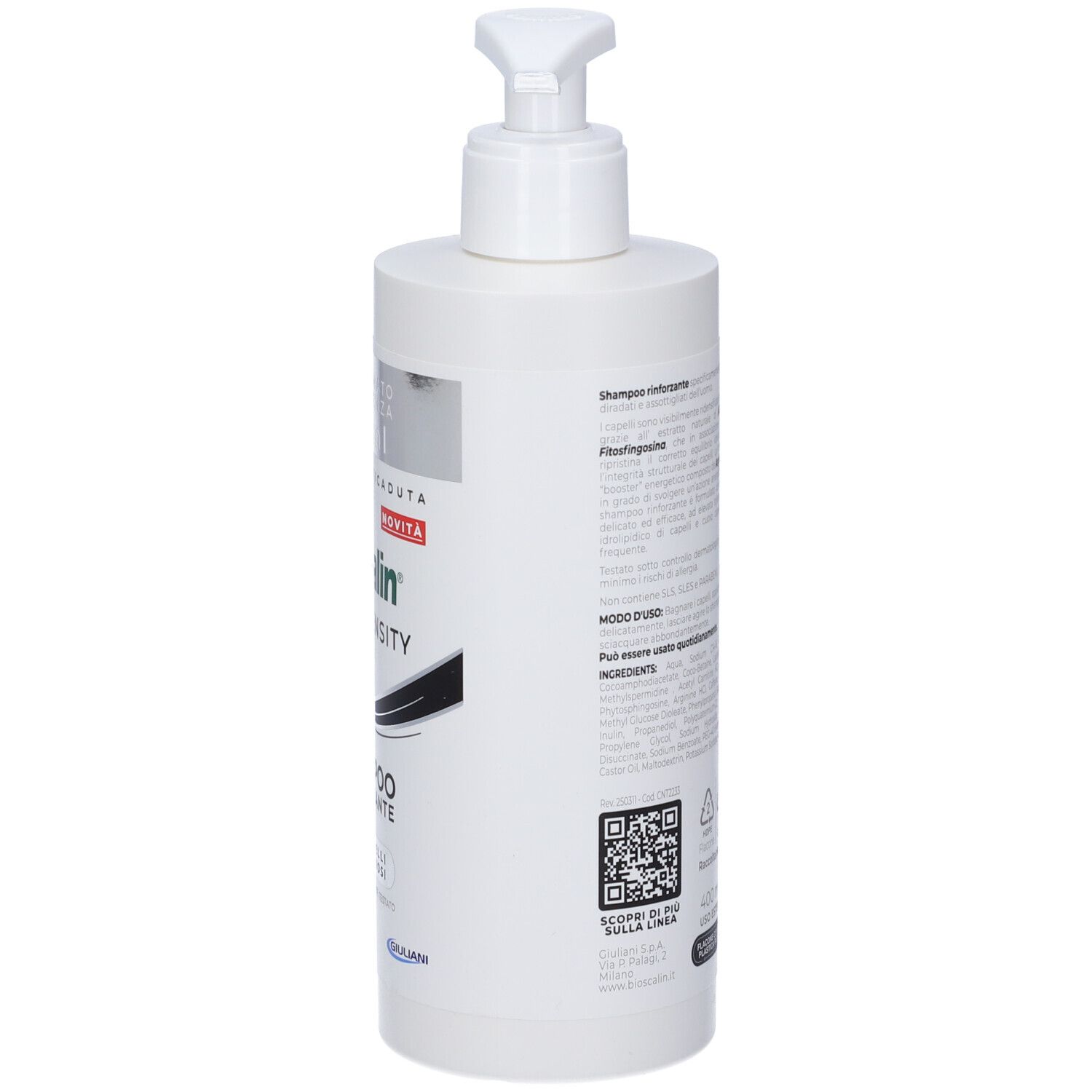 Flacone bianco con dosatore. Scritta: Bioscalin Pro-Density Uomo, Shampoo Rinforzante. 400 ml.