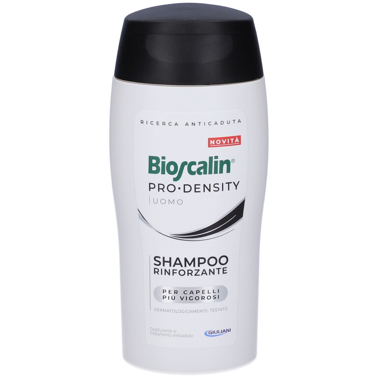 Flacone di shampoo Bioscalin Pro-Density Uomo, bianco e nero. Contiene il testo: Shampoo Rinforzante, dermatologicamente testato.
