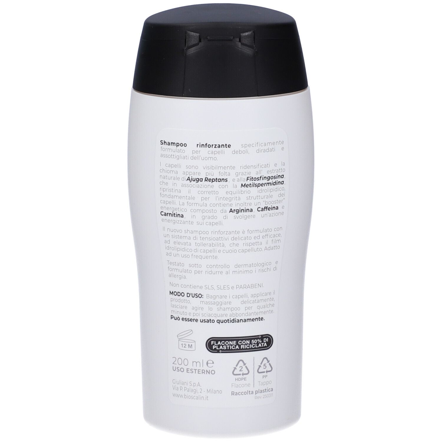 Retro del flacone di shampoo Bioscalin Pro Density Uomo. Contiene testo sugli ingredienti e l'uso. 200 ml.