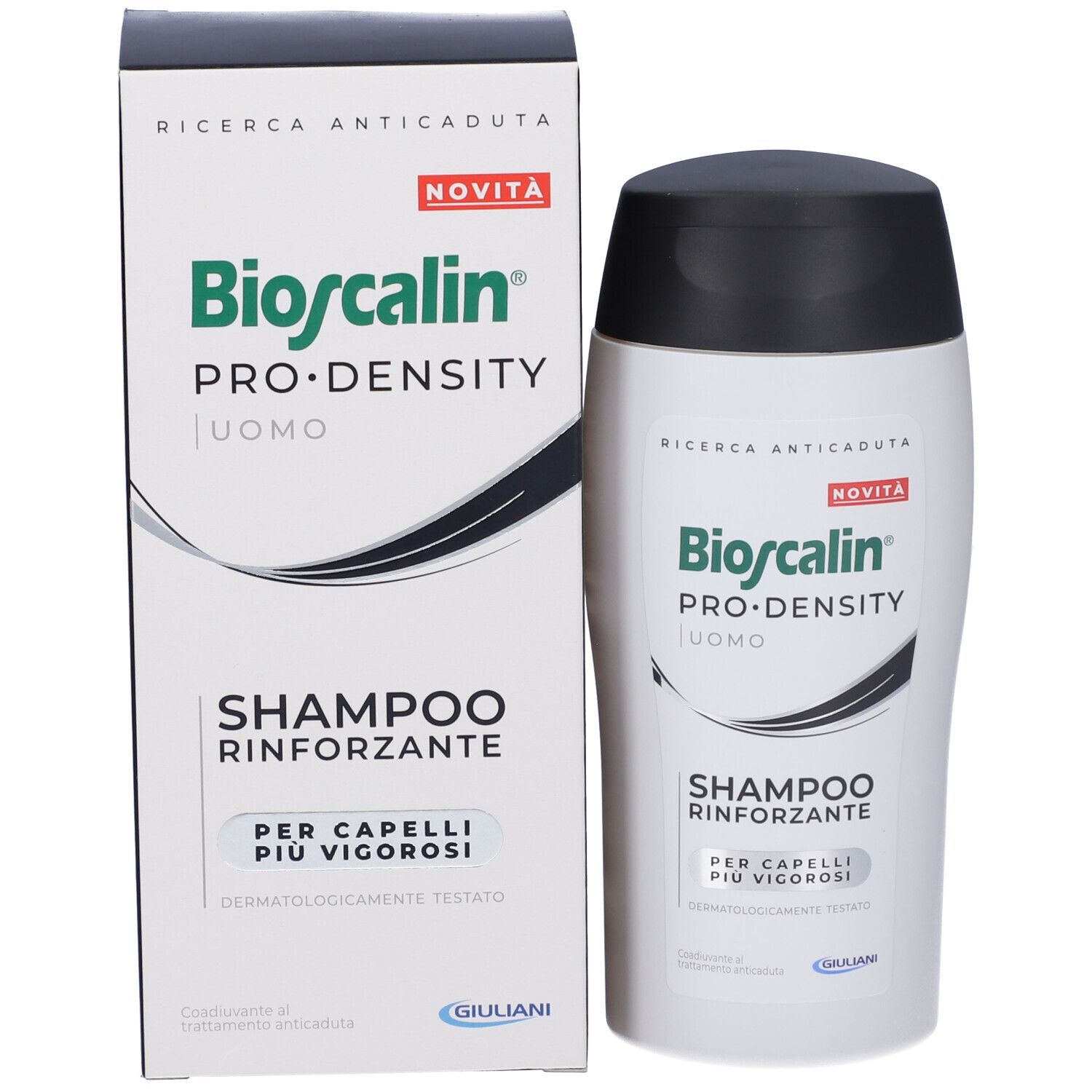Shampoo Bioscalin Pro Density Uomo e confezione. Contiene il testo: Shampoo Rinforzante, dermatologicamente testato.