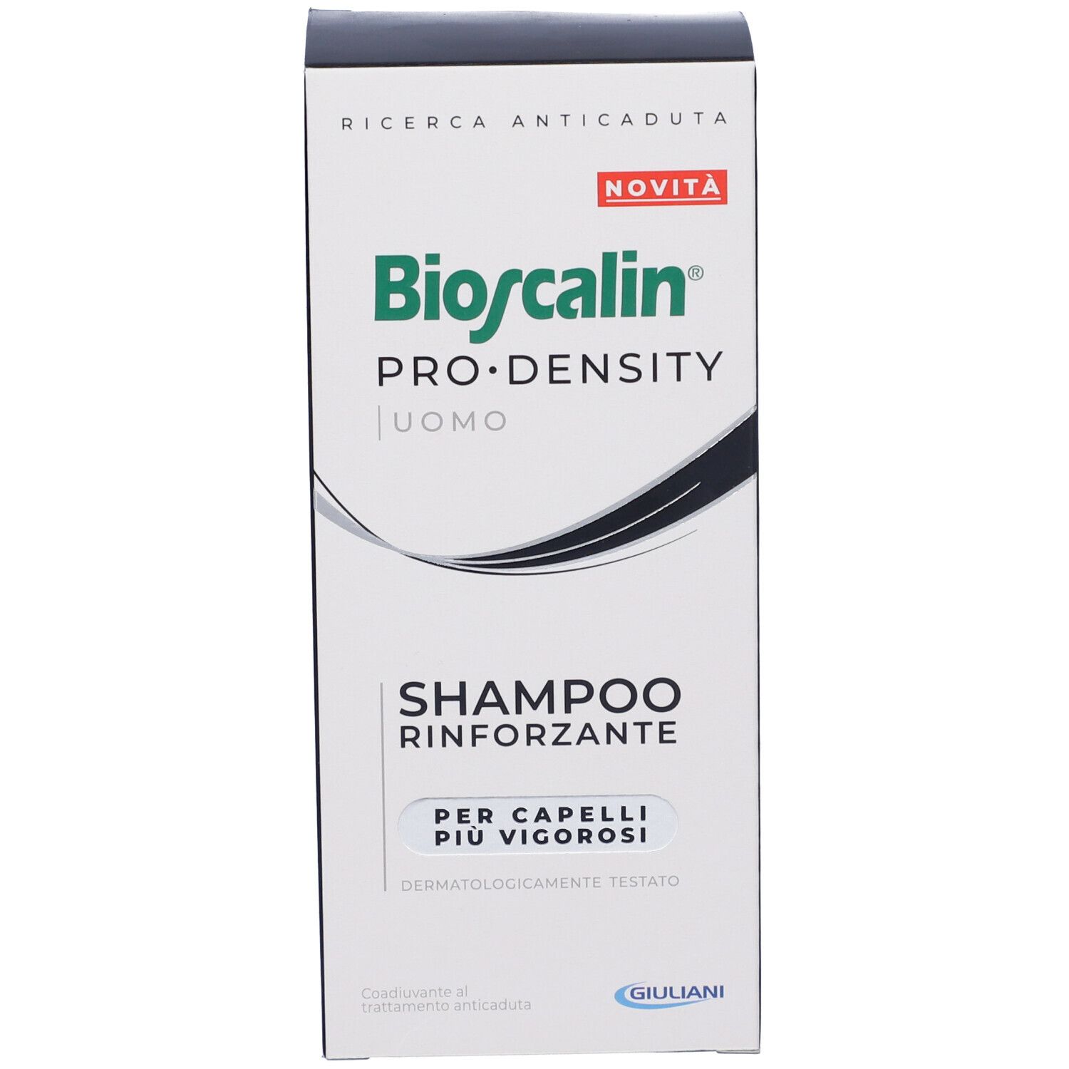 Confezione di shampoo Bioscalin Pro Density Uomo. Contiene il testo: Shampoo Rinforzante, dermatologicamente testato.