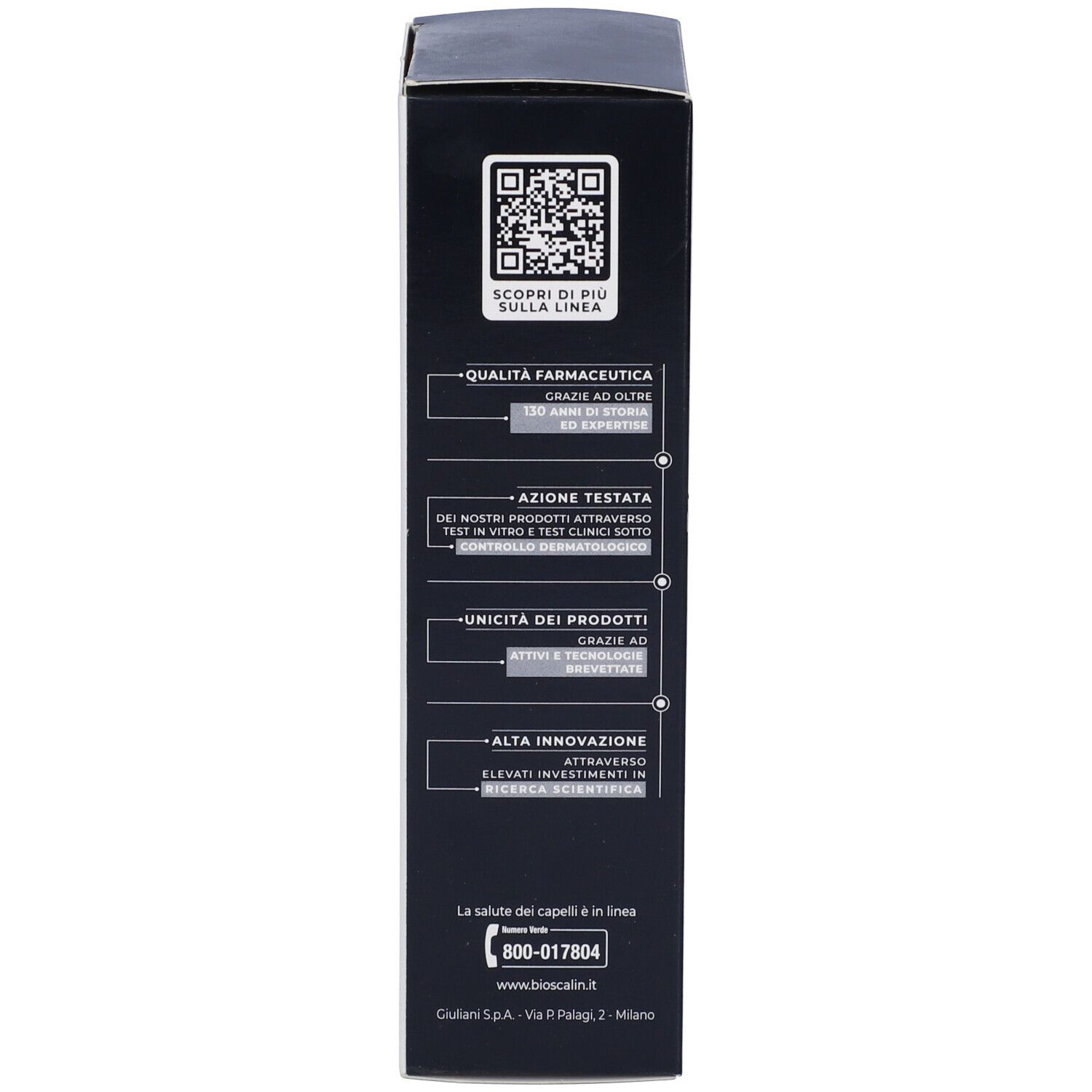 Retro della confezione dello shampoo Bioscalin Pro Density Uomo. Contiene informazioni sul prodotto.