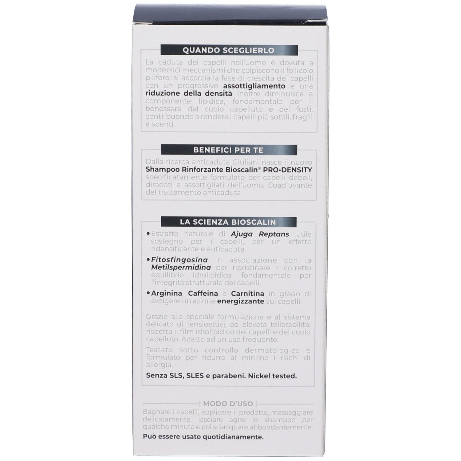 Lato della confezione dello shampoo Bioscalin Pro Density Uomo. Contiene informazioni sul prodotto.