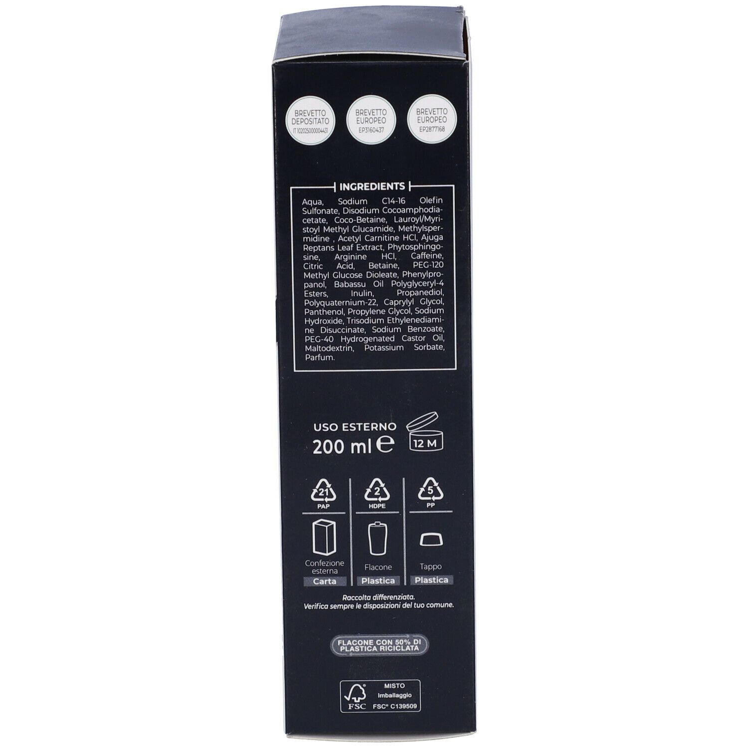 Lato della confezione dello shampoo Bioscalin Pro Density Uomo. Contiene informazioni sugli ingredienti e il riciclaggio.