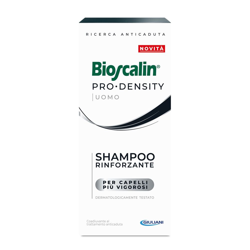 Confezione di shampoo Bioscalin Pro-Density Uomo, sfondo bianco e nero. Contiene il testo: Shampoo Rinforzante, dermatologicamente testato.