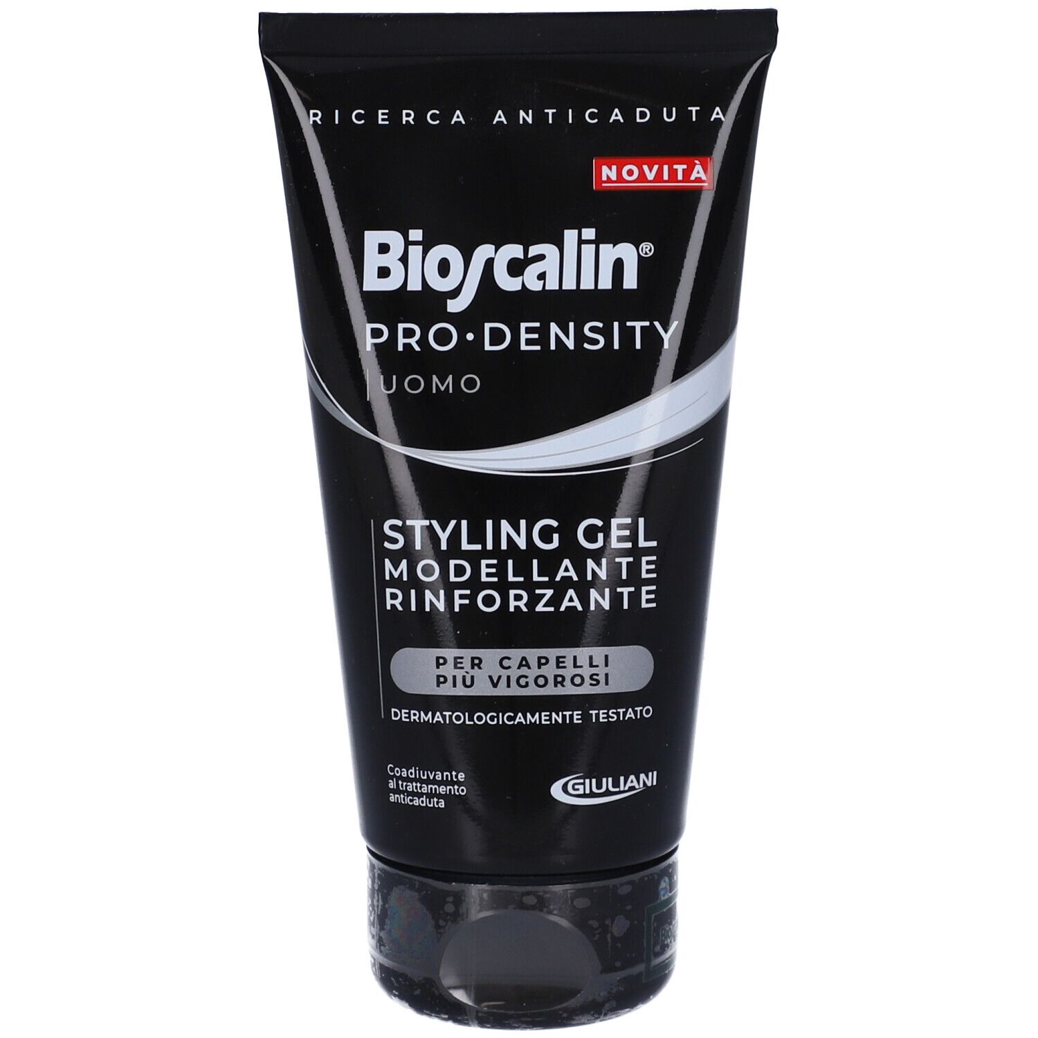 Tubo nero con scritte bianche. Scritto: Bioscalin PRO-DENSITY UOMO. Styling Gel. Dermatologicamente testato.