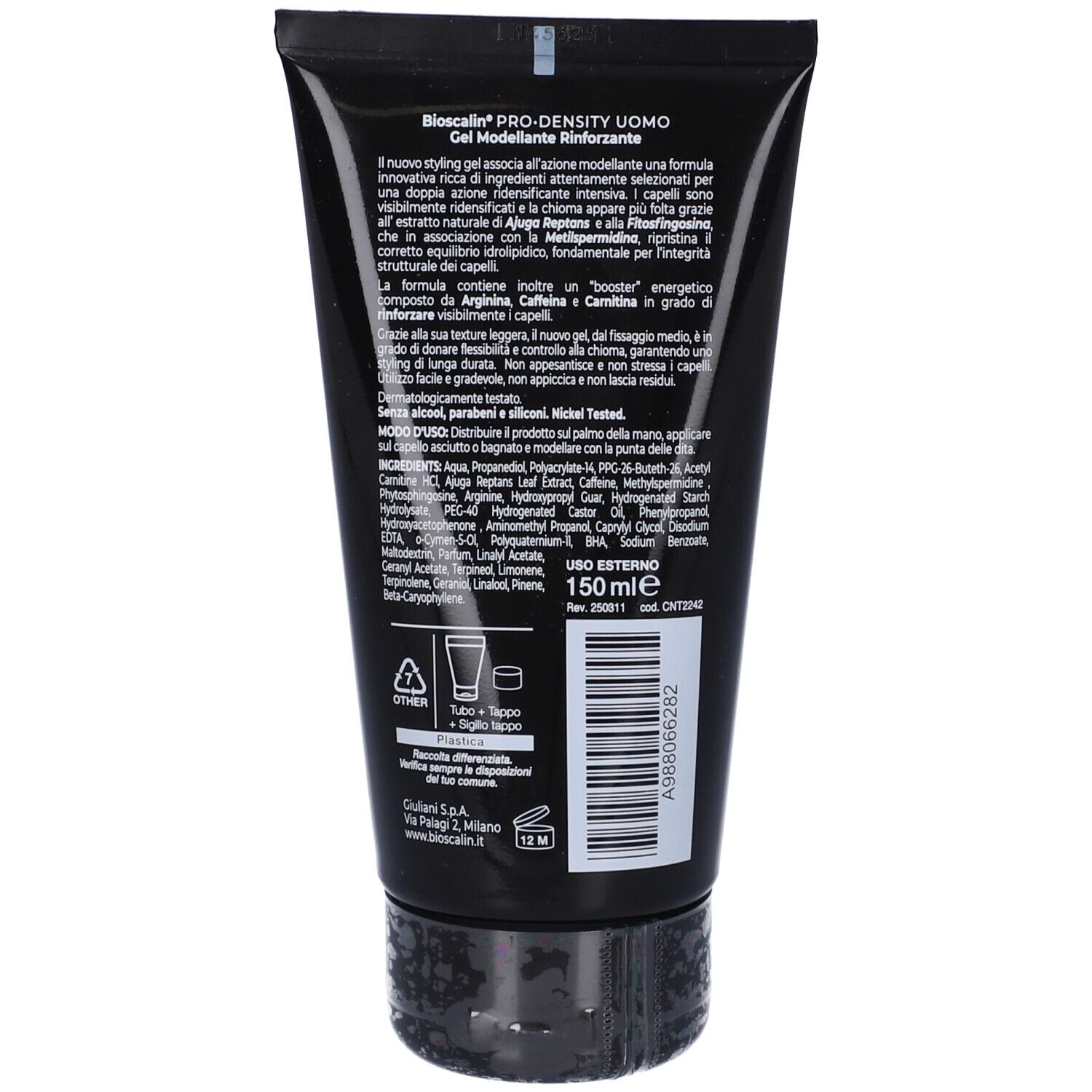 Retro di un tubo nero. Testo in bianco. Contiene ingredienti e istruzioni per l'uso. 150 ml.