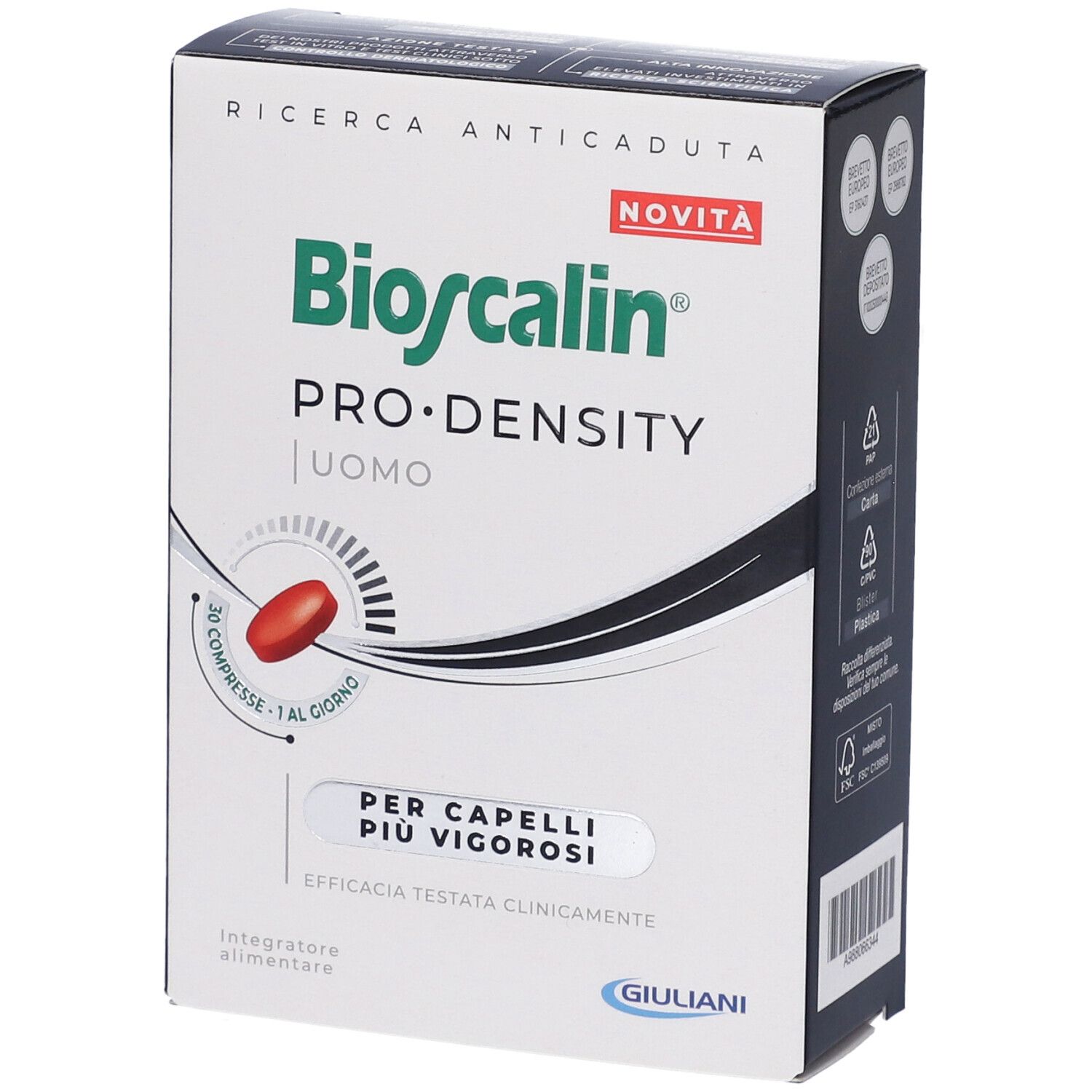 Scatola con testo: Bioscalin PRO-DENSITY UOMO. Capsula rossa. Scritto: PER CAPELLI PIÙ VIGOROSI. Marchio Giuliani.