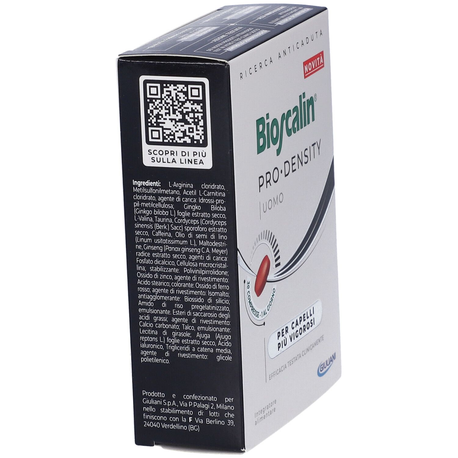 Scatola con testo: Bioscalin PRO-DENSITY UOMO. Capsula rossa. Scritto: PER CAPELLI PIÙ VIGOROSI. Marchio Giuliani.