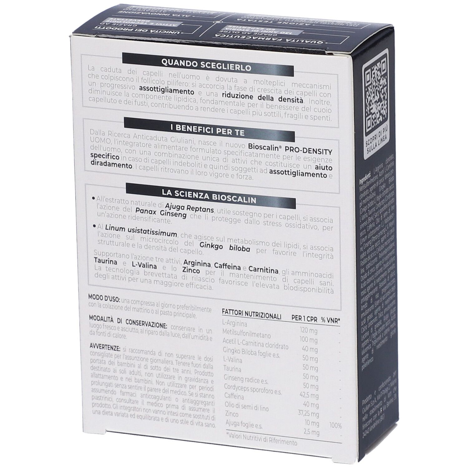 Scatola con testo: Bioscalin PRO-DENSITY UOMO. Capsula rossa. Scritto: PER CAPELLI PIÙ VIGOROSI. Marchio Giuliani.