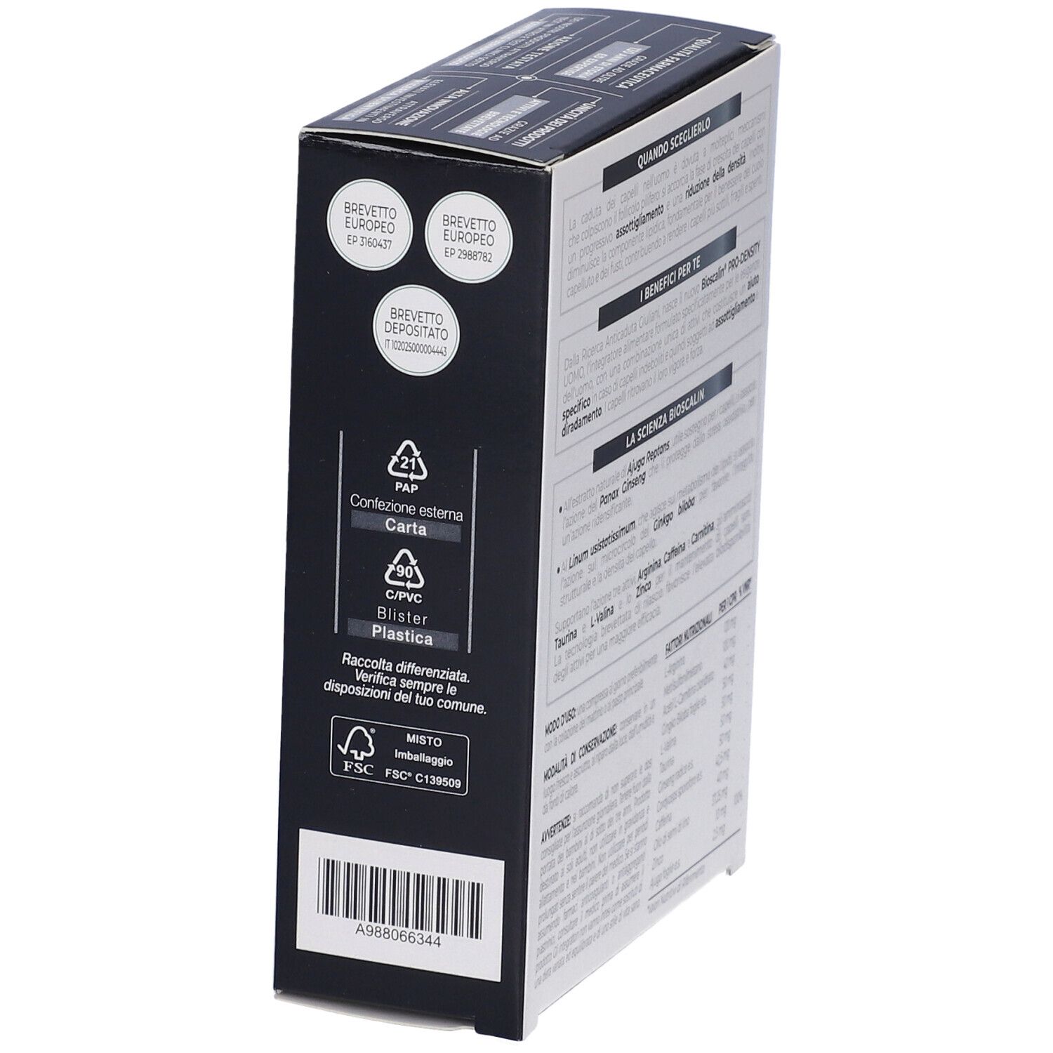 Retro della scatola. Testo e codice QR. Informazioni sugli ingredienti e il produttore. Marchio Giuliani.