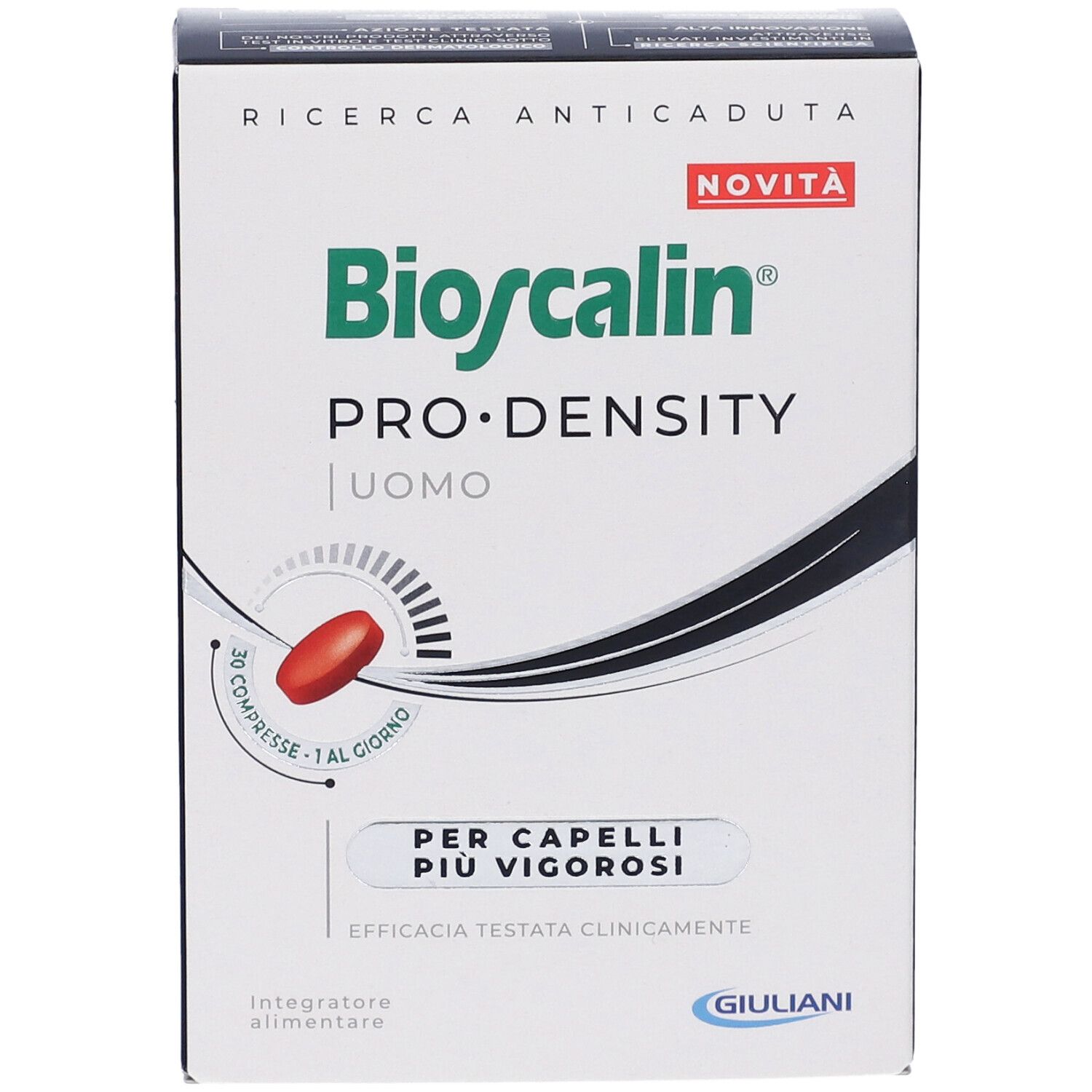 Scatola con testo: Bioscalin PRO-DENSITY UOMO. Capsula rossa. Scritto: PER CAPELLI PIÙ VIGOROSI. Marchio Giuliani.