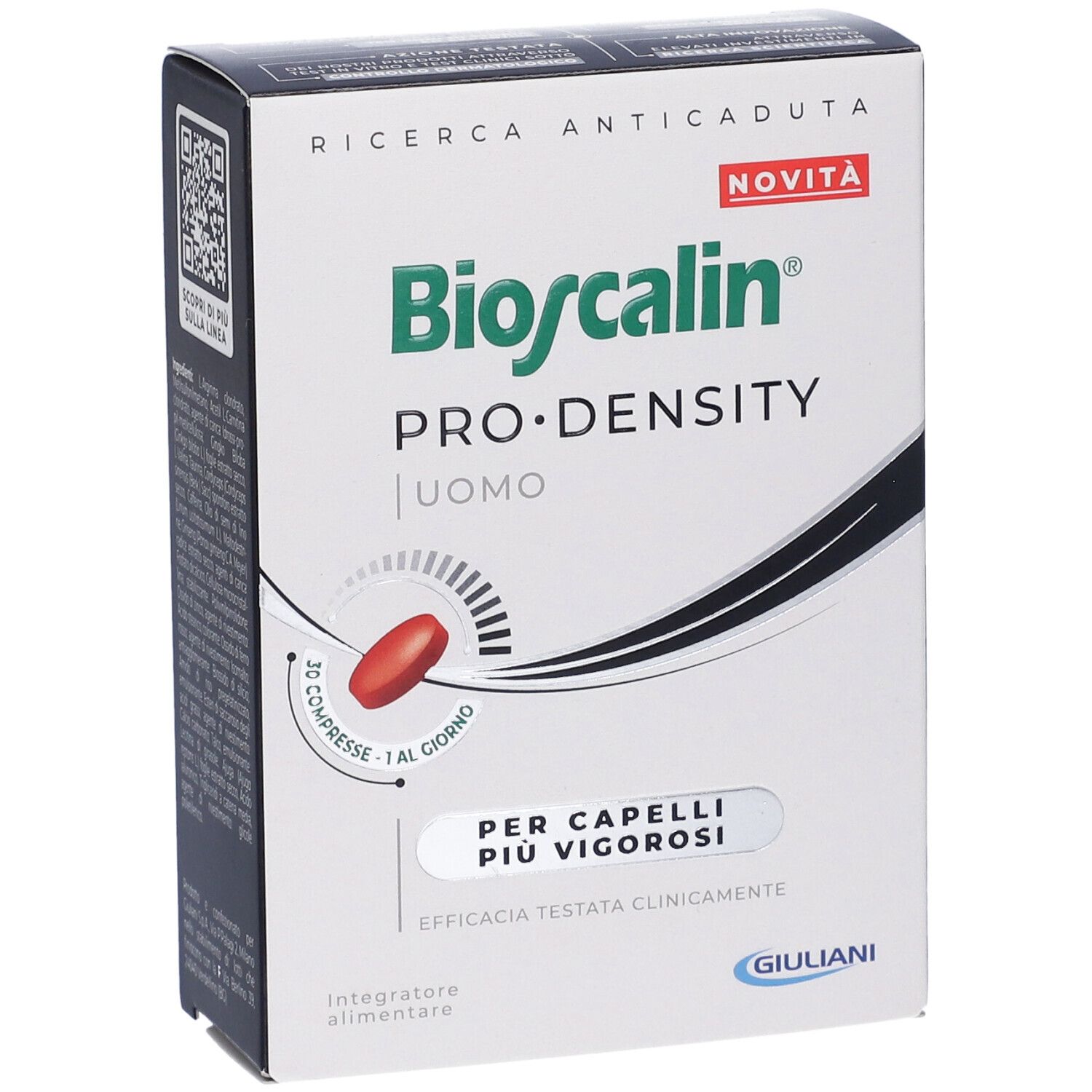 Scatola con testo: Bioscalin PRO-DENSITY UOMO. Capsula rossa. Scritto: PER CAPELLI PIÙ VIGOROSI. Marchio Giuliani.