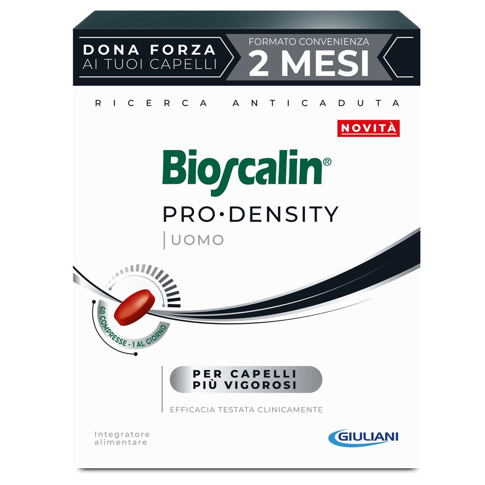 Confezione di Bioscalin Pro Density Uomo. Contiene 60 compresse. Scritta: 2 mesi, ricerca anticaduta.