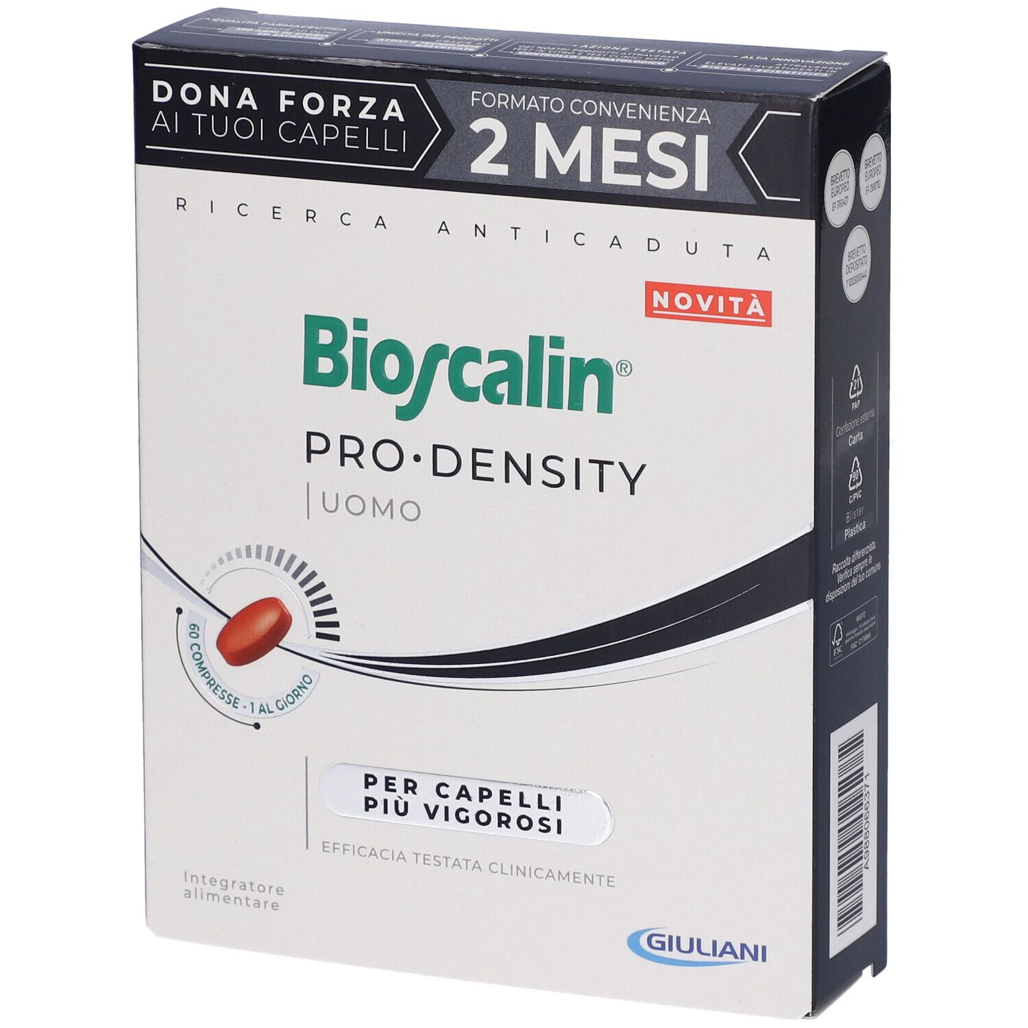 Confezione di Bioscalin Pro Density Uomo. 60 compresse. Scritta: 2 mesi, ricerca anticaduta. Compressa rossa illustrata.