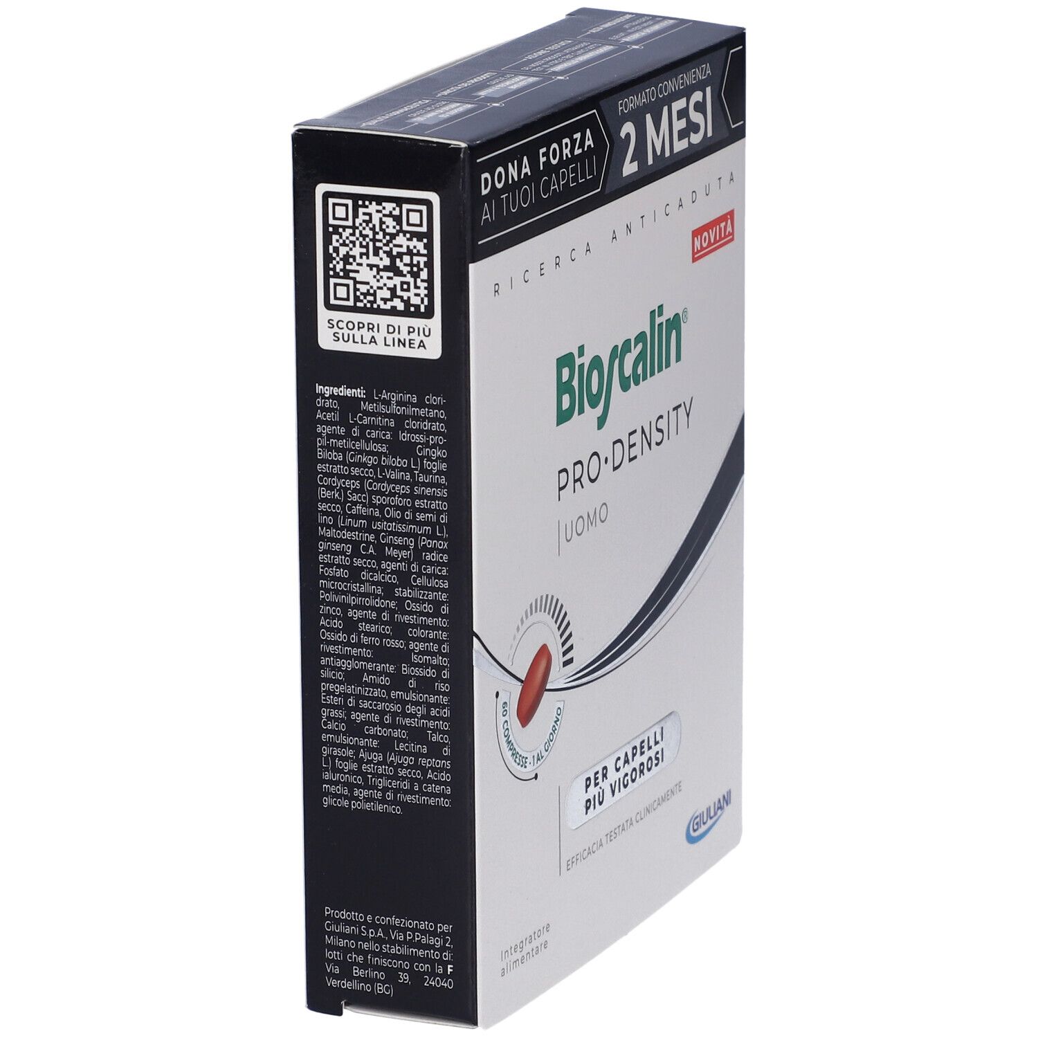 Confezione di Bioscalin Pro Density Uomo. Contiene ingredienti e codice QR. Scritta: 2 mesi, ricerca anticaduta.