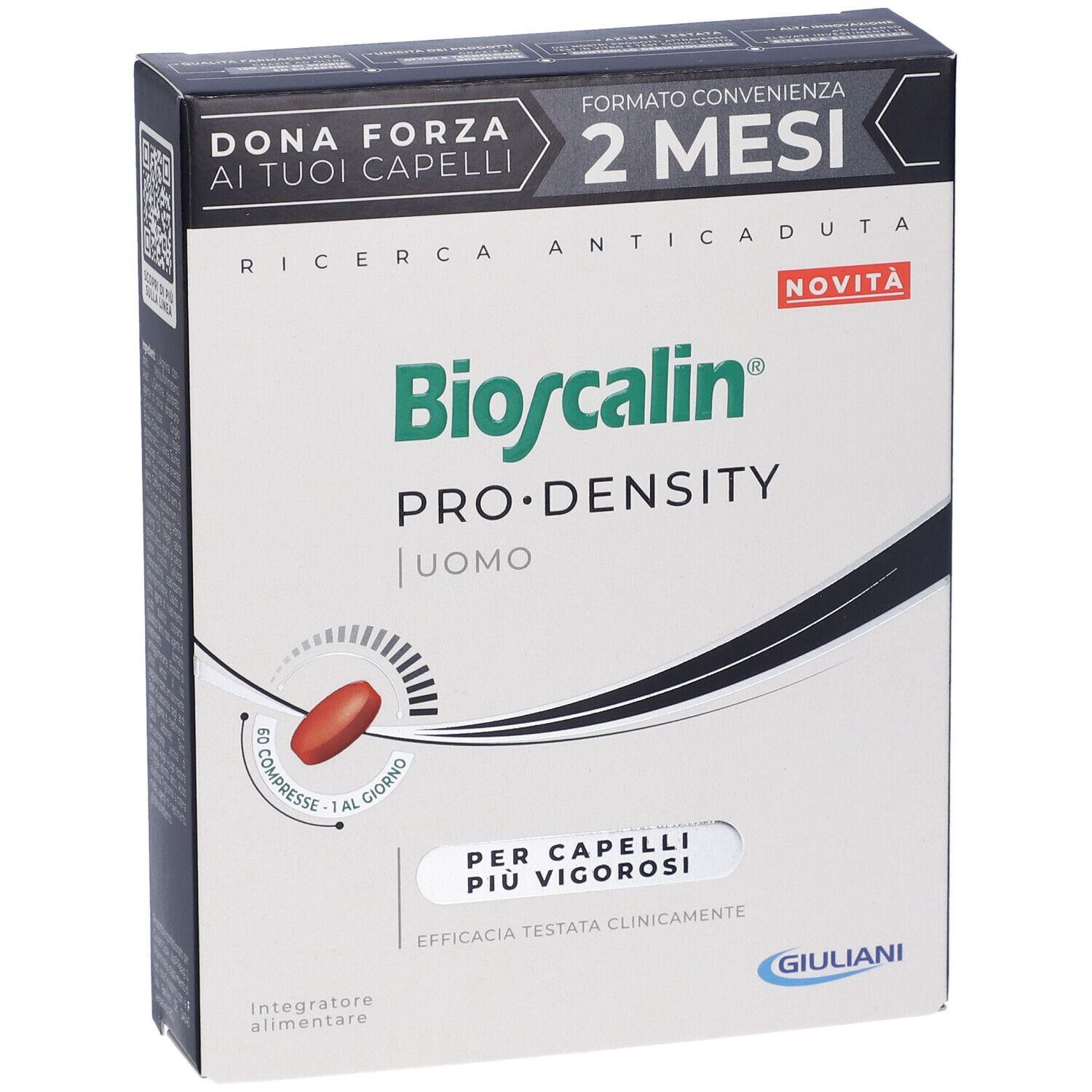 Confezione di Bioscalin Pro Density Uomo. 60 compresse. Scritta: 2 mesi, ricerca anticaduta. Compressa rossa illustrata.