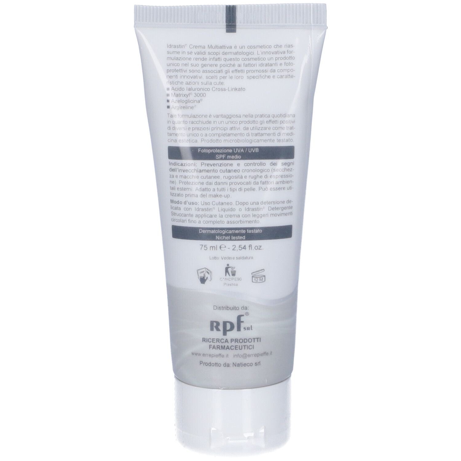 Retro del tubo con informazioni prodotto. Testo su ingredienti, uso e avvertenze. Logo rpf.