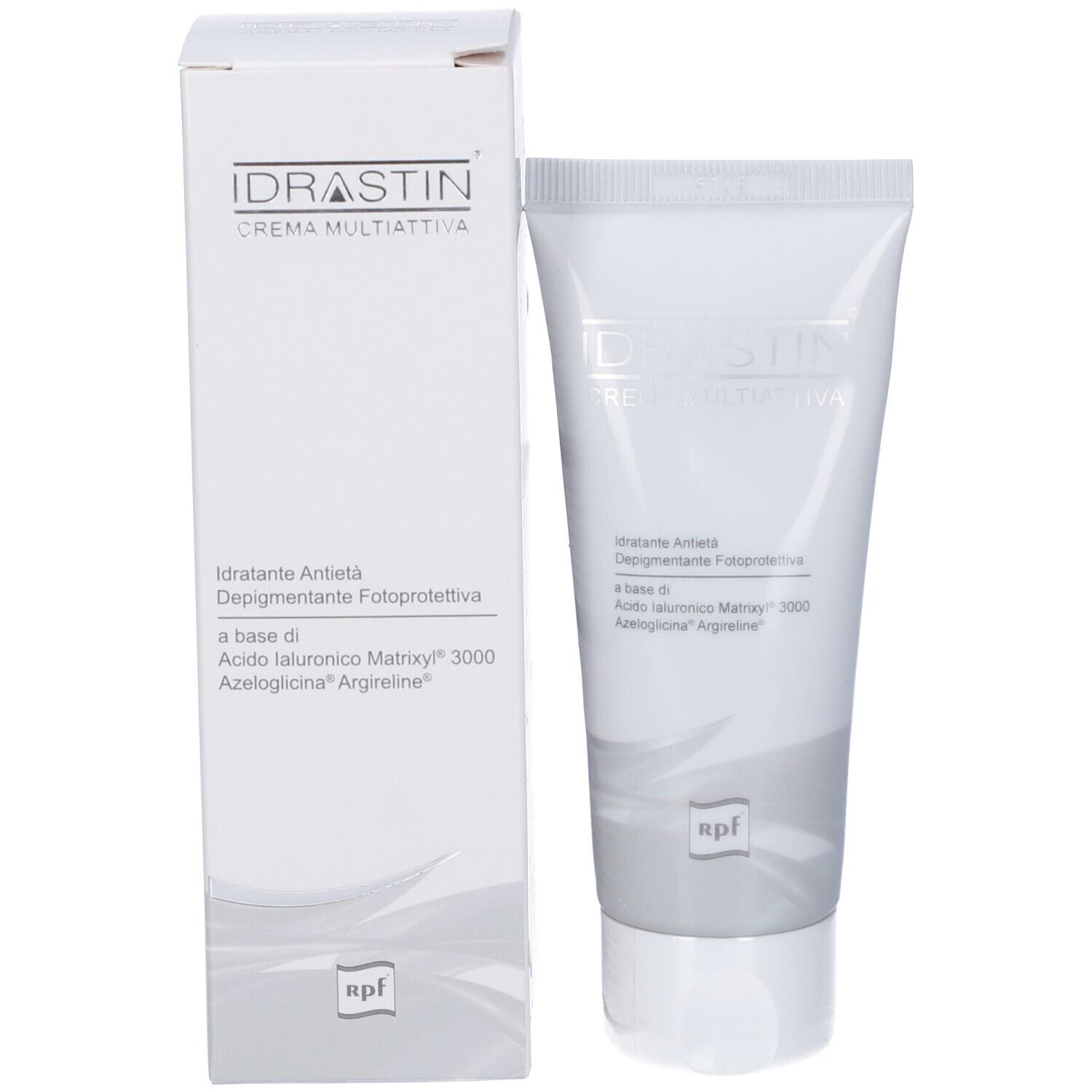 Confezione prodotto con tubo e scatola. Scritto: Idrastin Crema Multiattiva. Scatola con informazioni prodotto.