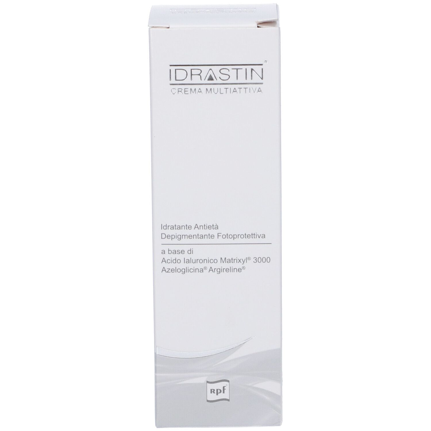 Scatola bianca con nome e informazioni prodotto. Scritto: Idrastin Crema Multiattiva. Contiene informazioni prodotto.