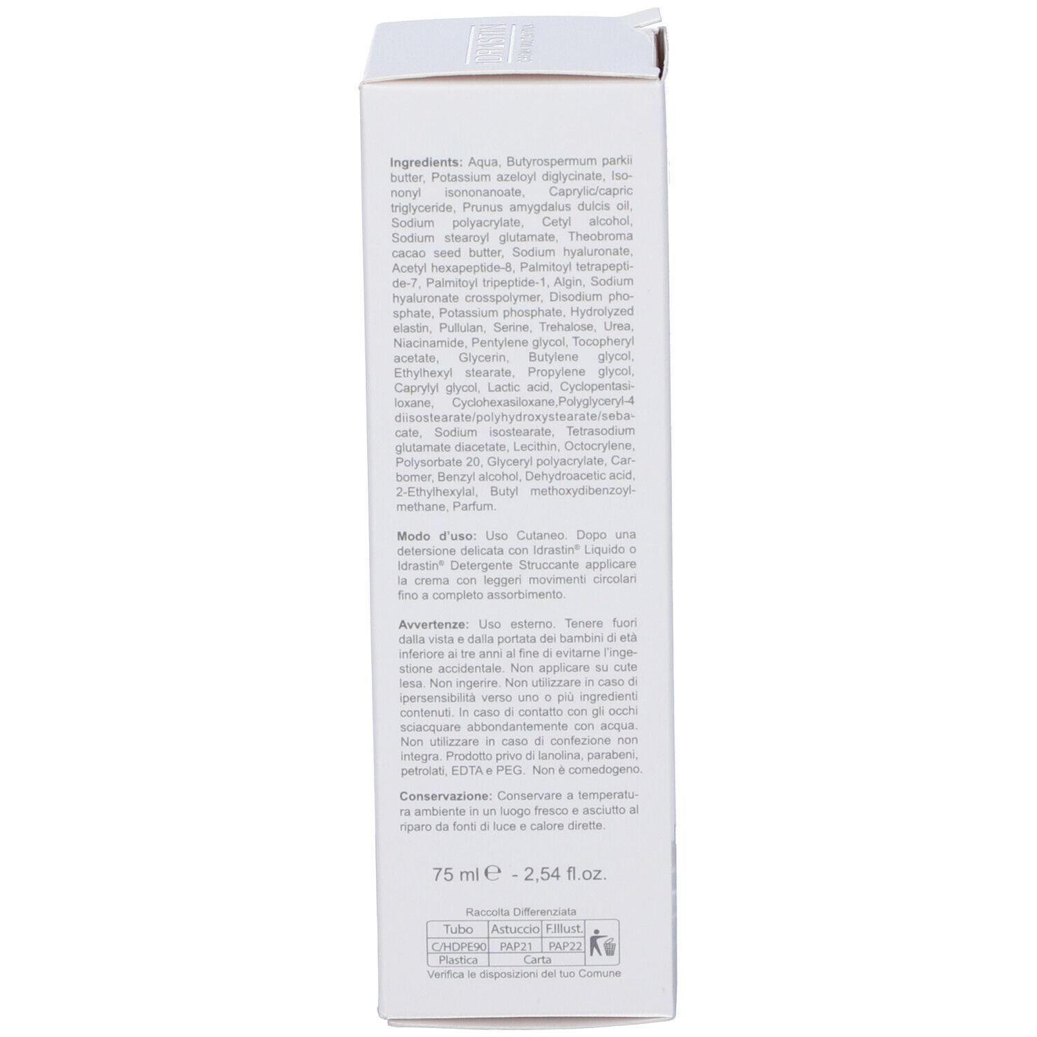 Retro della scatola con ingredienti e istruzioni per l'uso. Testo in italiano. Logo rpf.