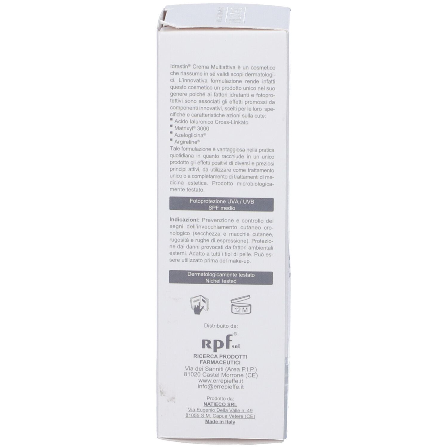 Lato della scatola con informazioni prodotto. Testo su ingredienti e uso. Logo rpf.