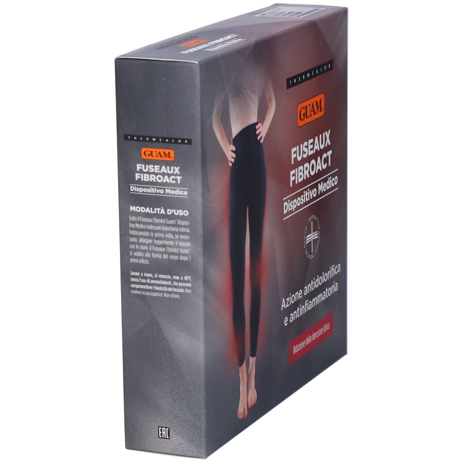 Confezione di Guam Fuseaux Fibroact, vista laterale. Testo: 'Dispositivo Medico'.