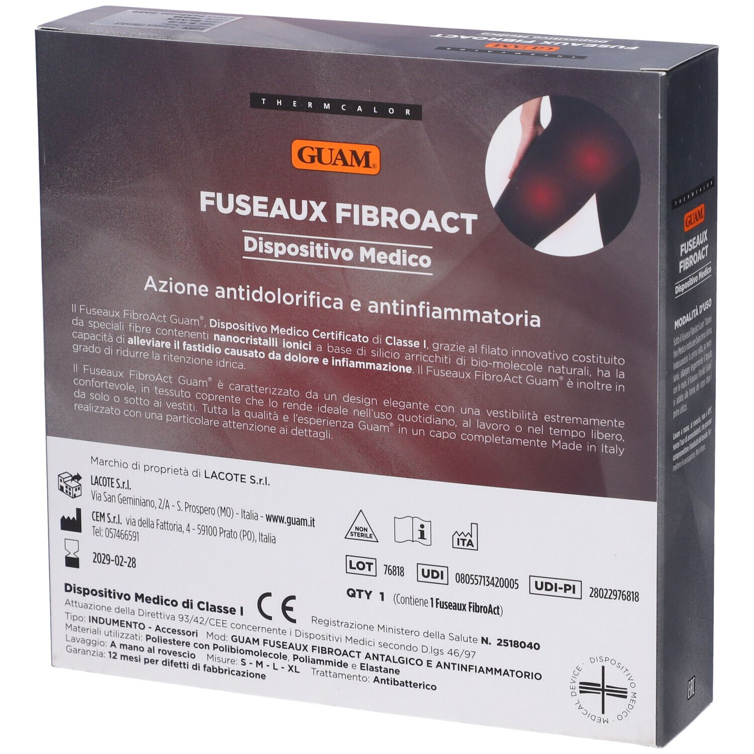 Retro della confezione di Guam Fuseaux Fibroact. Testo: 'Dispositivo Medico'.