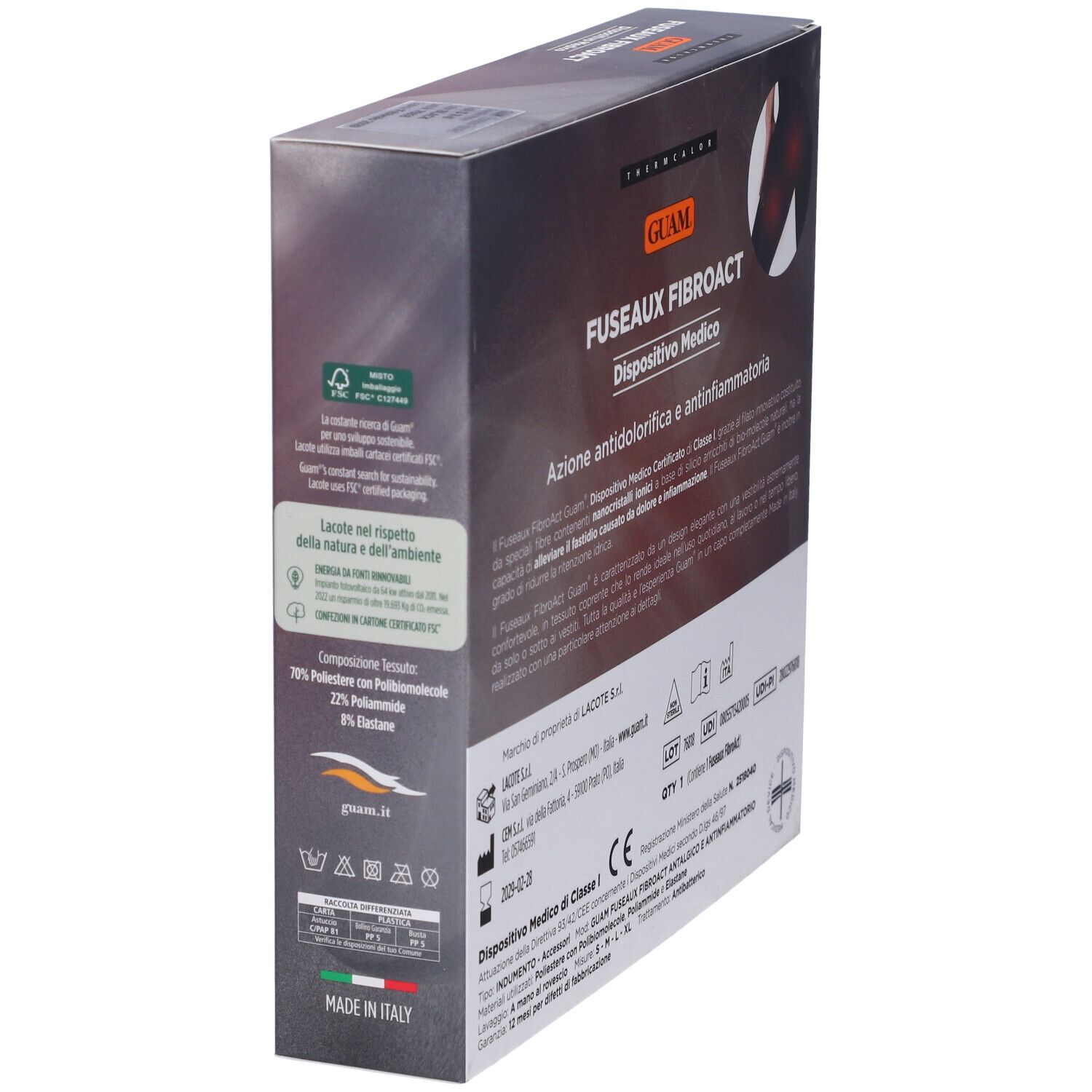 Confezione di Guam Fuseaux Fibroact. Testo: 'Dispositivo Medico'. Logo FSC.