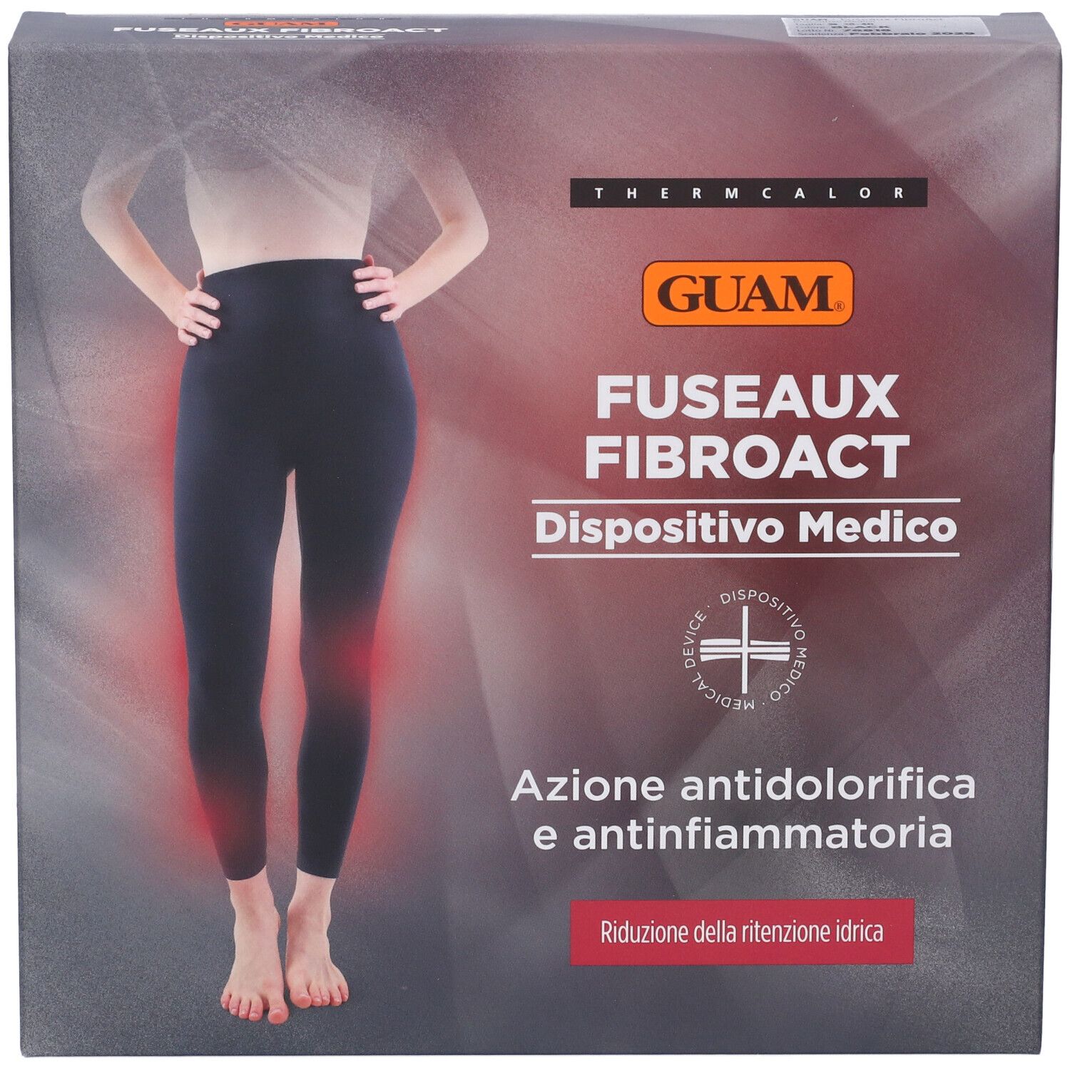 Confezione di Guam Fuseaux Fibroact. Illustrazione di leggings neri. Testo: 'Dispositivo Medico'.