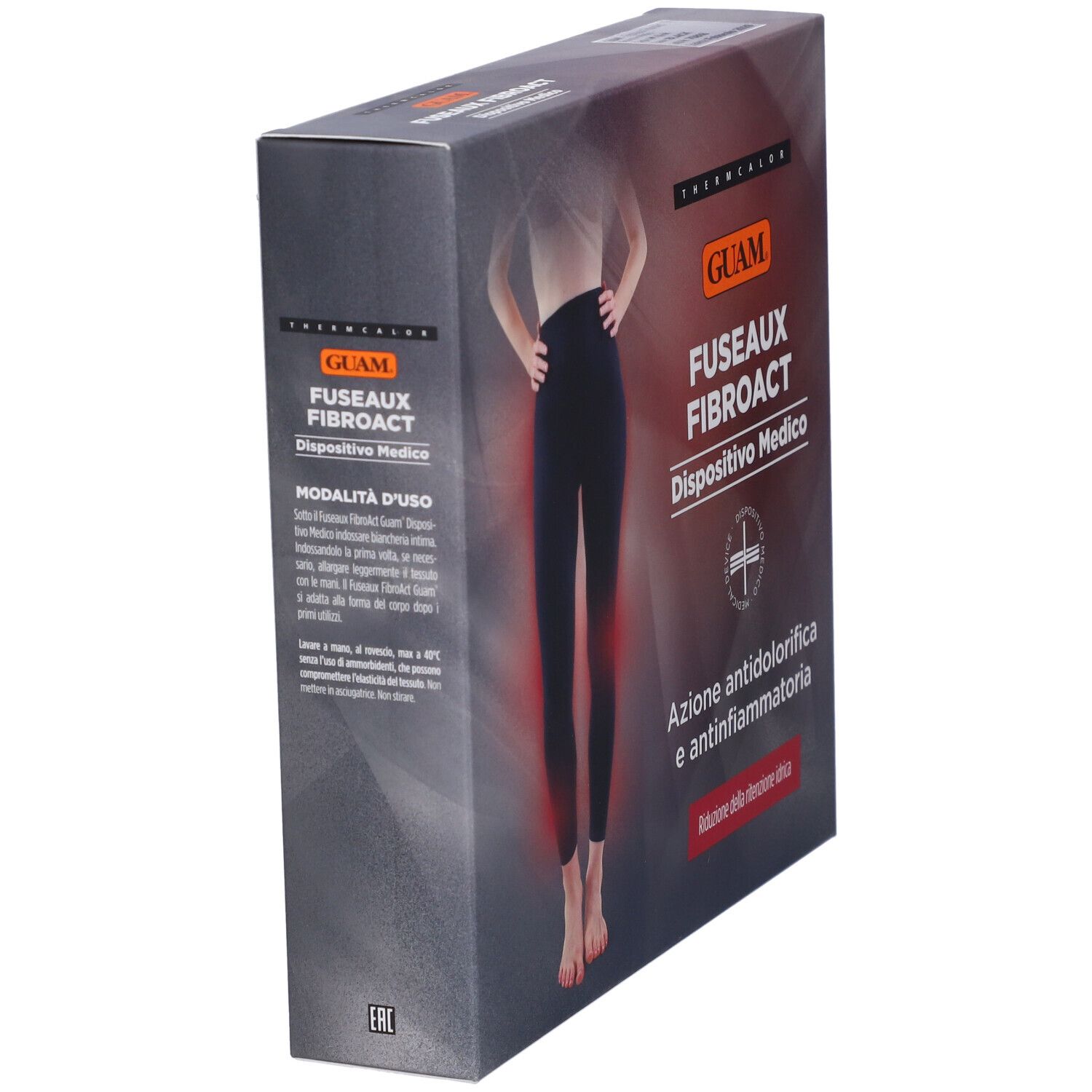 Vista obliqua della confezione. Scritta: GUAM FUSEAUX FIBROACT, dispositivo medico. Testo: Azione antidolorifica e antinfiammatoria. Immagine: Leggings.