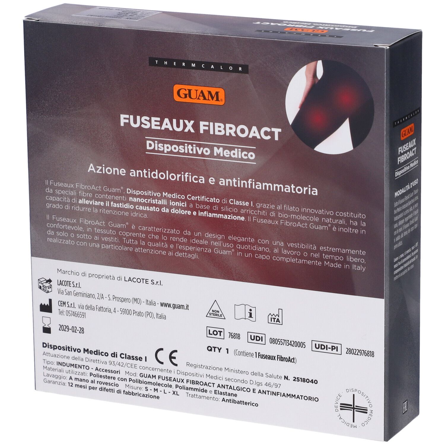 Retro della confezione. Scritta: GUAM FUSEAUX FIBROACT, dispositivo medico. Testo. Informazioni sul prodotto e certificazioni.