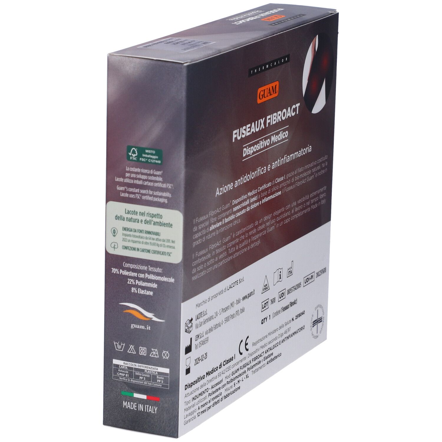 Vista laterale della confezione. Scritta: GUAM FUSEAUX FIBROACT, dispositivo medico. Testo. Informazioni sul prodotto e certificazioni.