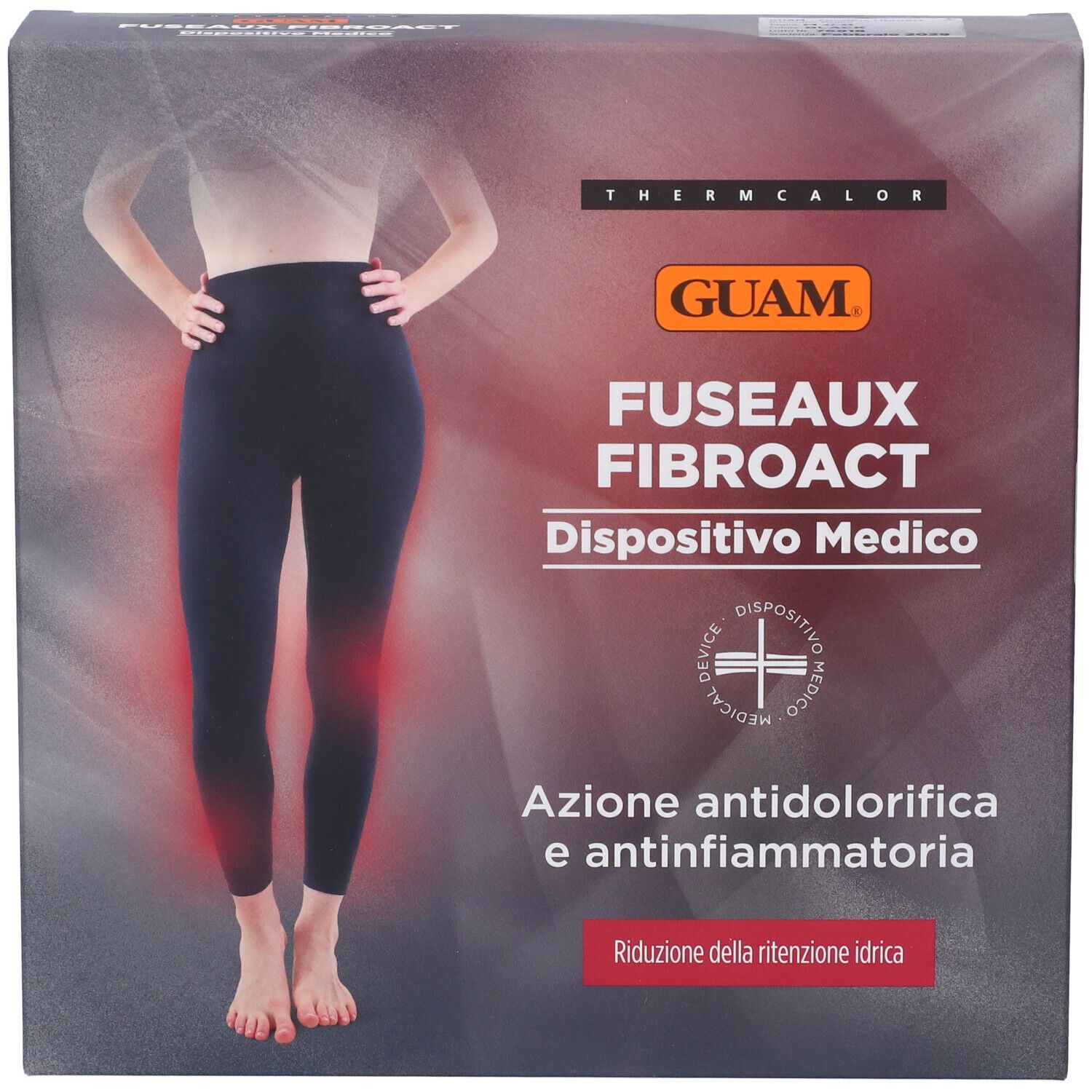 Confezione con immagine di leggings. Scritta: GUAM FUSEAUX FIBROACT, dispositivo medico. Testo: Azione antidolorifica e antinfiammatoria.