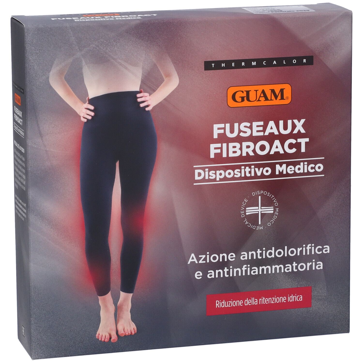 Confezione con immagine di leggings. Scritta: GUAM FUSEAUX FIBROACT, dispositivo medico. Testo: Azione antidolorifica e antinfiammatoria.