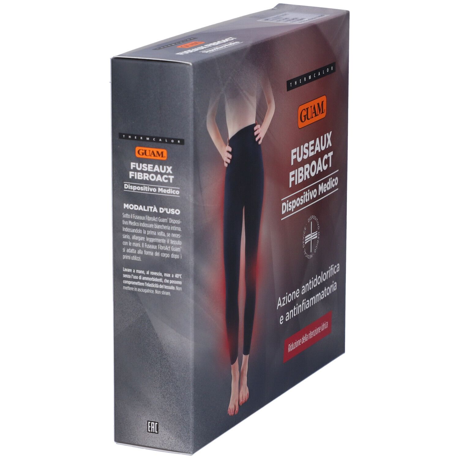 Confezione con immagine del prodotto. Testo: GUAM, FUSEAUX FIBROACT, Dispositivo Medico. Scritta: Azione antidolorifica e antinfiammatoria.