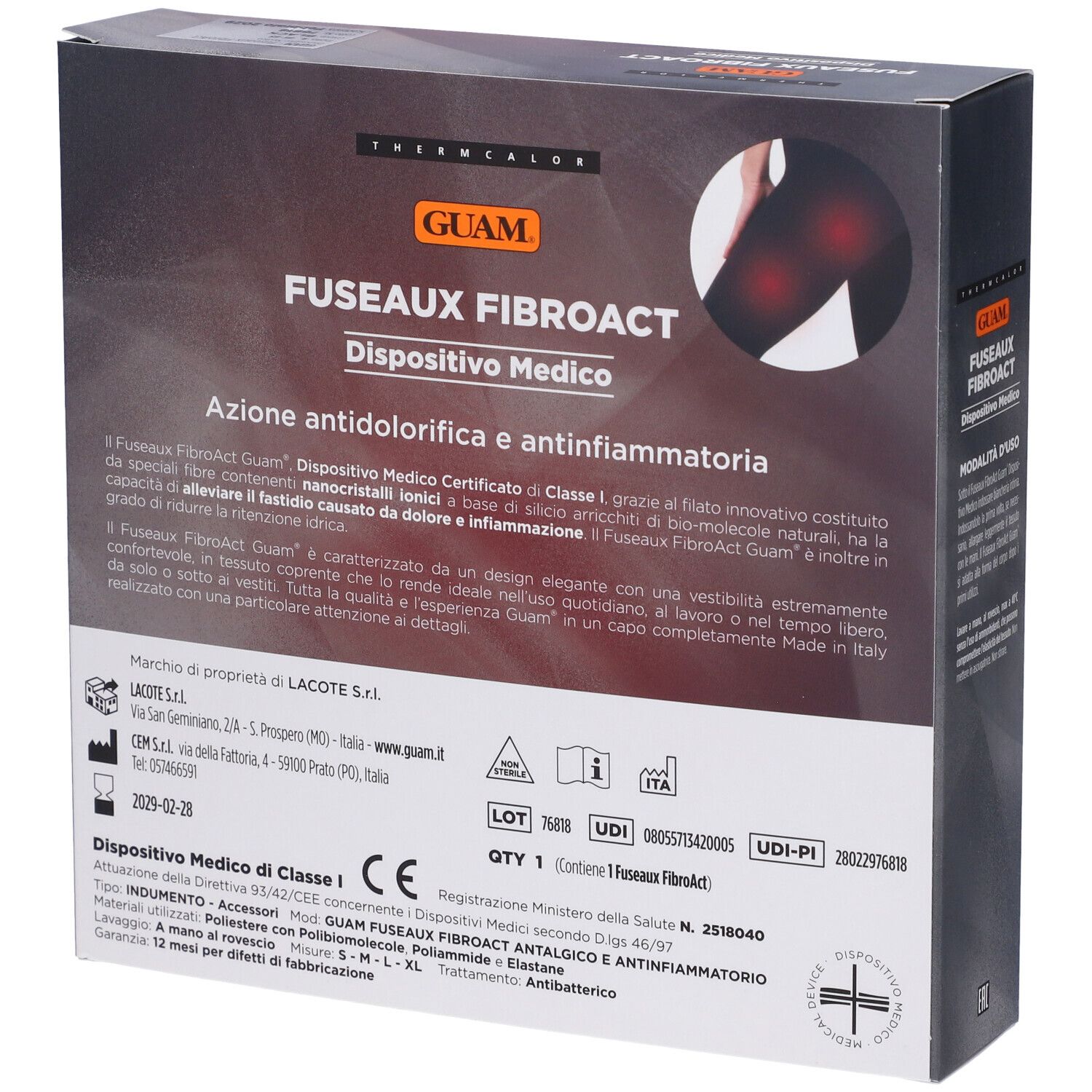 Confezione del prodotto. Testo: GUAM, FUSEAUX FIBROACT, Dispositivo Medico. Informazioni su ingredienti e certificazioni.