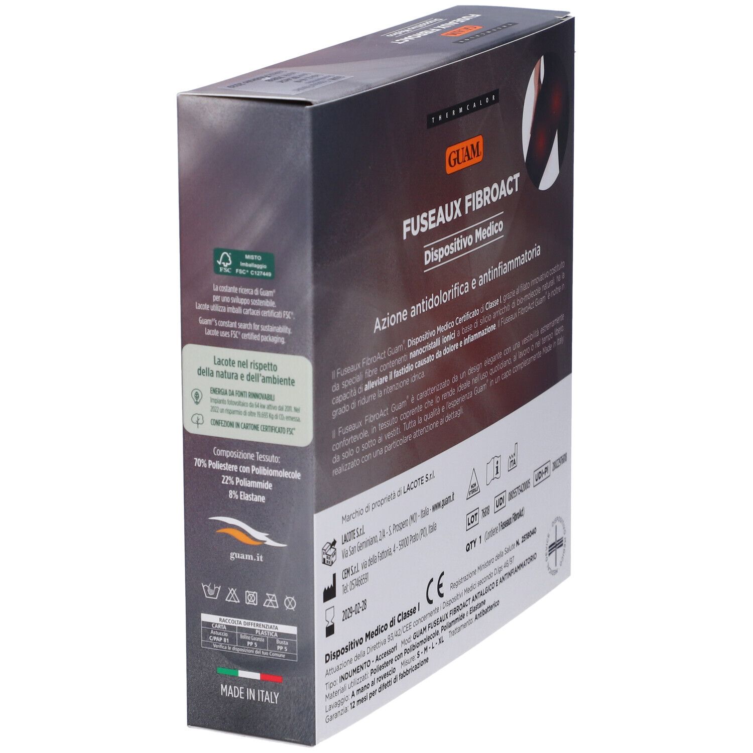 Confezione del prodotto. Testo: GUAM, FUSEAUX FIBROACT, Dispositivo Medico. Informazioni su ingredienti e certificazioni.