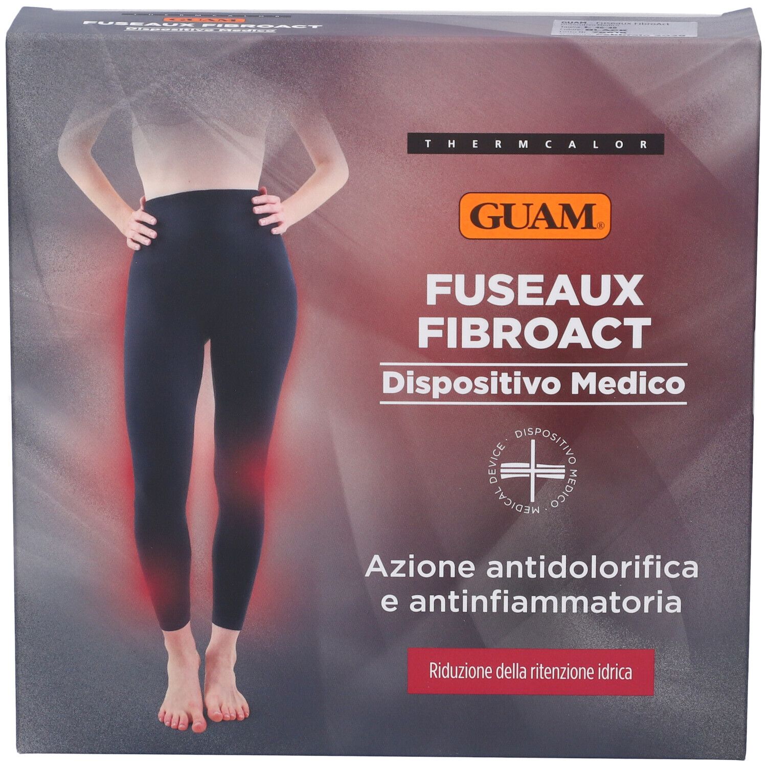 Confezione con immagine del prodotto. Testo: GUAM, FUSEAUX FIBROACT, Dispositivo Medico. Scritta: Azione antidolorifica e antinfiammatoria.