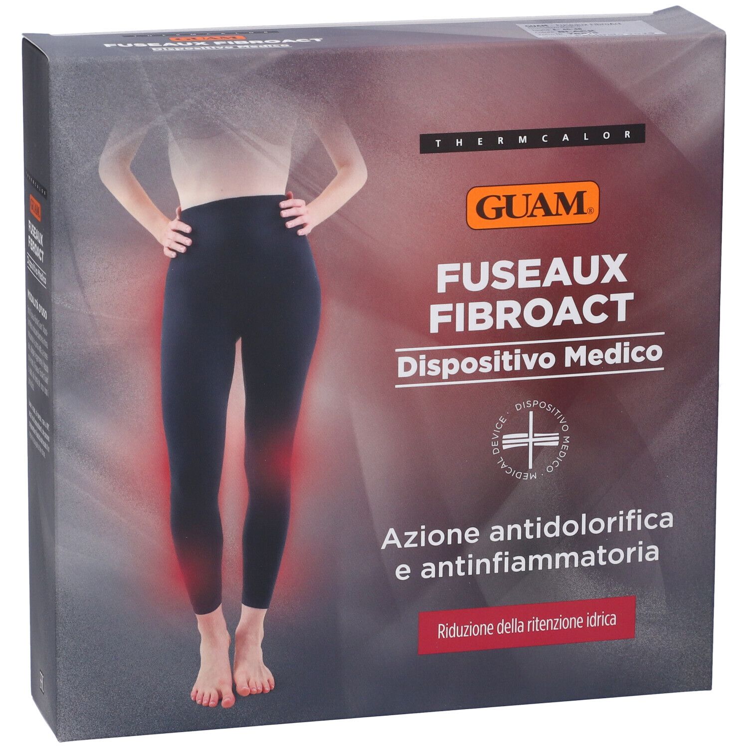 Confezione con immagine del prodotto. Testo: GUAM, FUSEAUX FIBROACT, Dispositivo Medico. Scritta: Azione antidolorifica e antinfiammatoria.