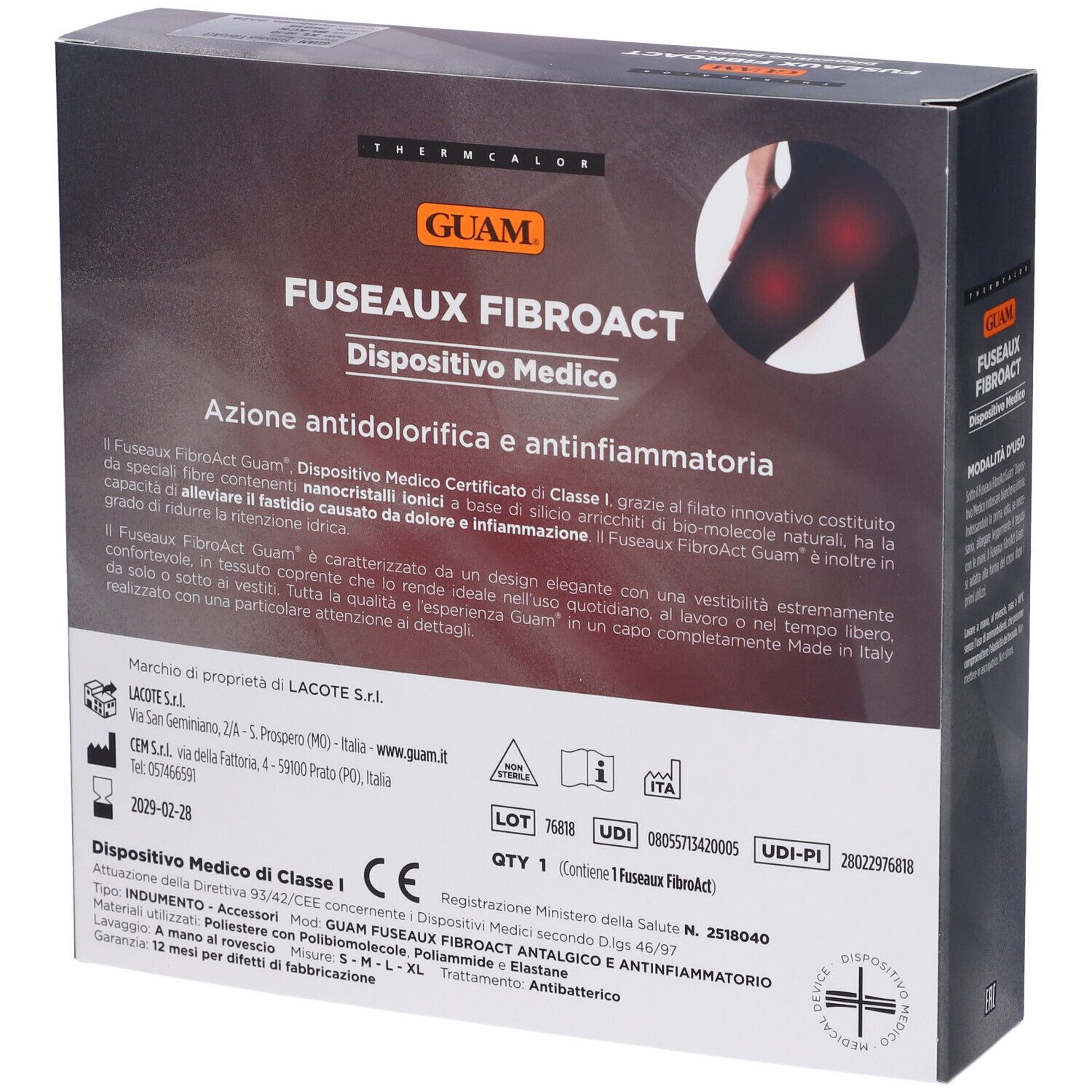 Confezione del prodotto, retro. Testo: GUAM, FUSEAUX FIBROACT, dispositivo medico. Informazioni su ingredienti e produttore.