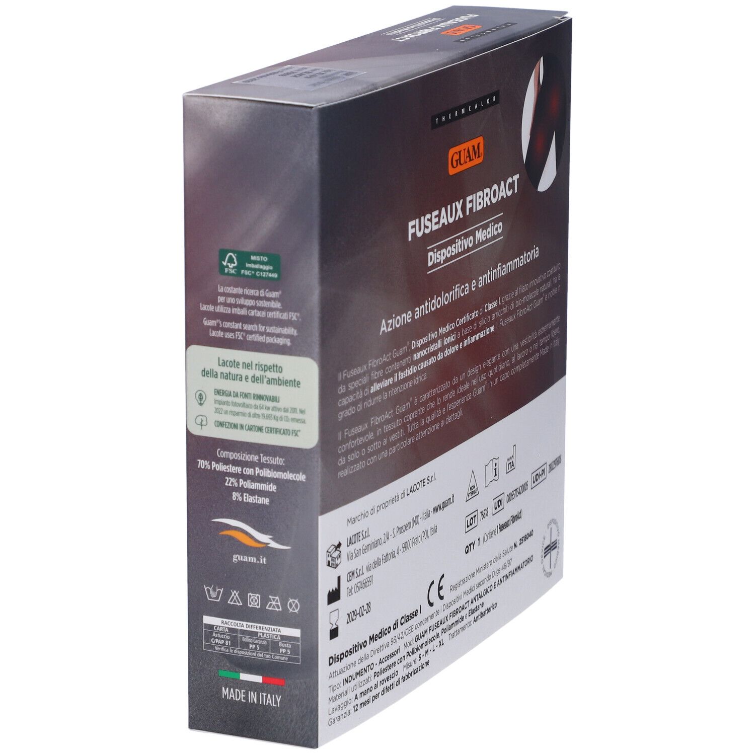 Confezione del prodotto, diagonale, retro. Testo: GUAM, FUSEAUX FIBROACT, dispositivo medico. Informazioni su ingredienti e produttore.