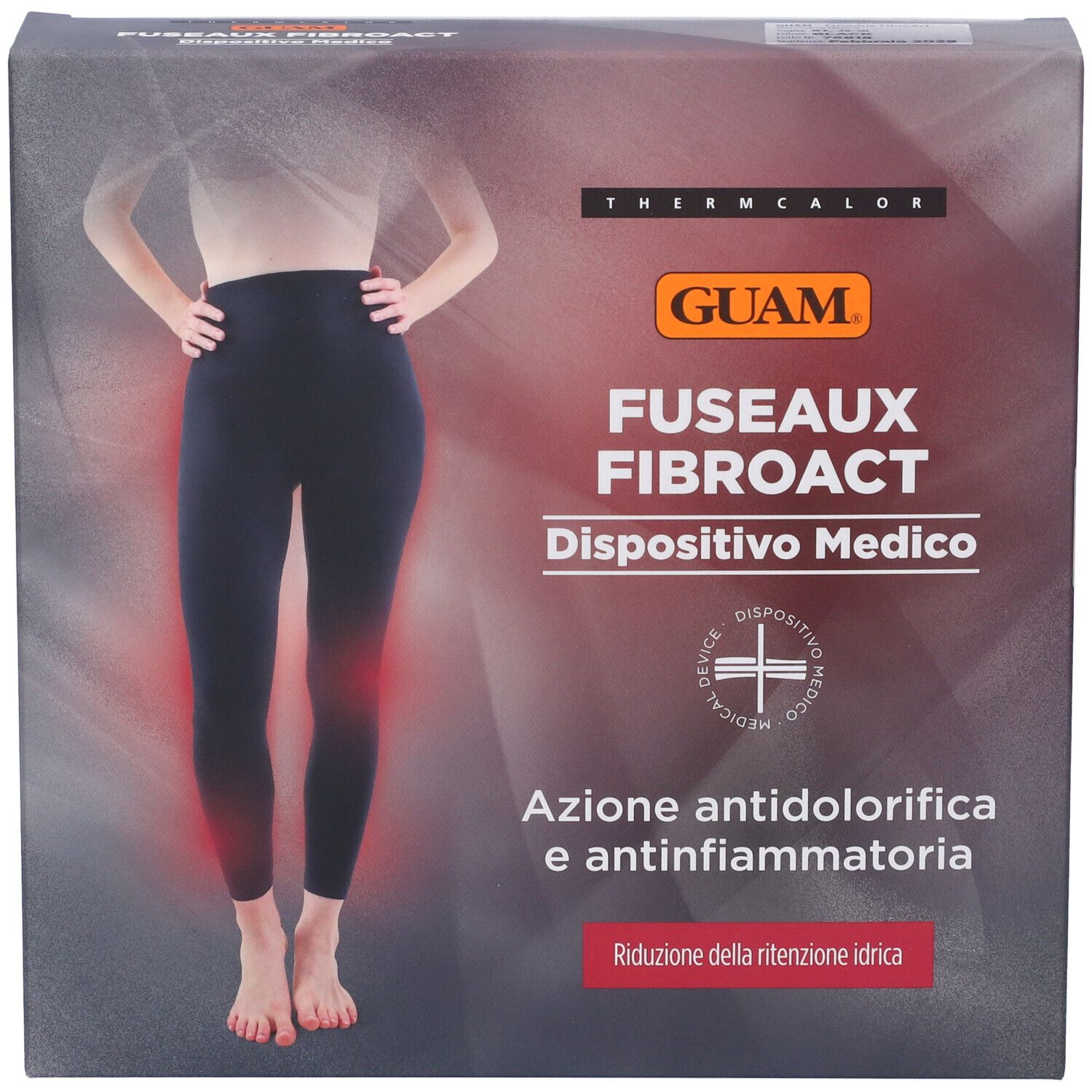 Confezione del prodotto. Testo: GUAM, FUSEAUX FIBROACT, dispositivo medico. Scritta: Azione antidolorifica e antinfiammatoria.