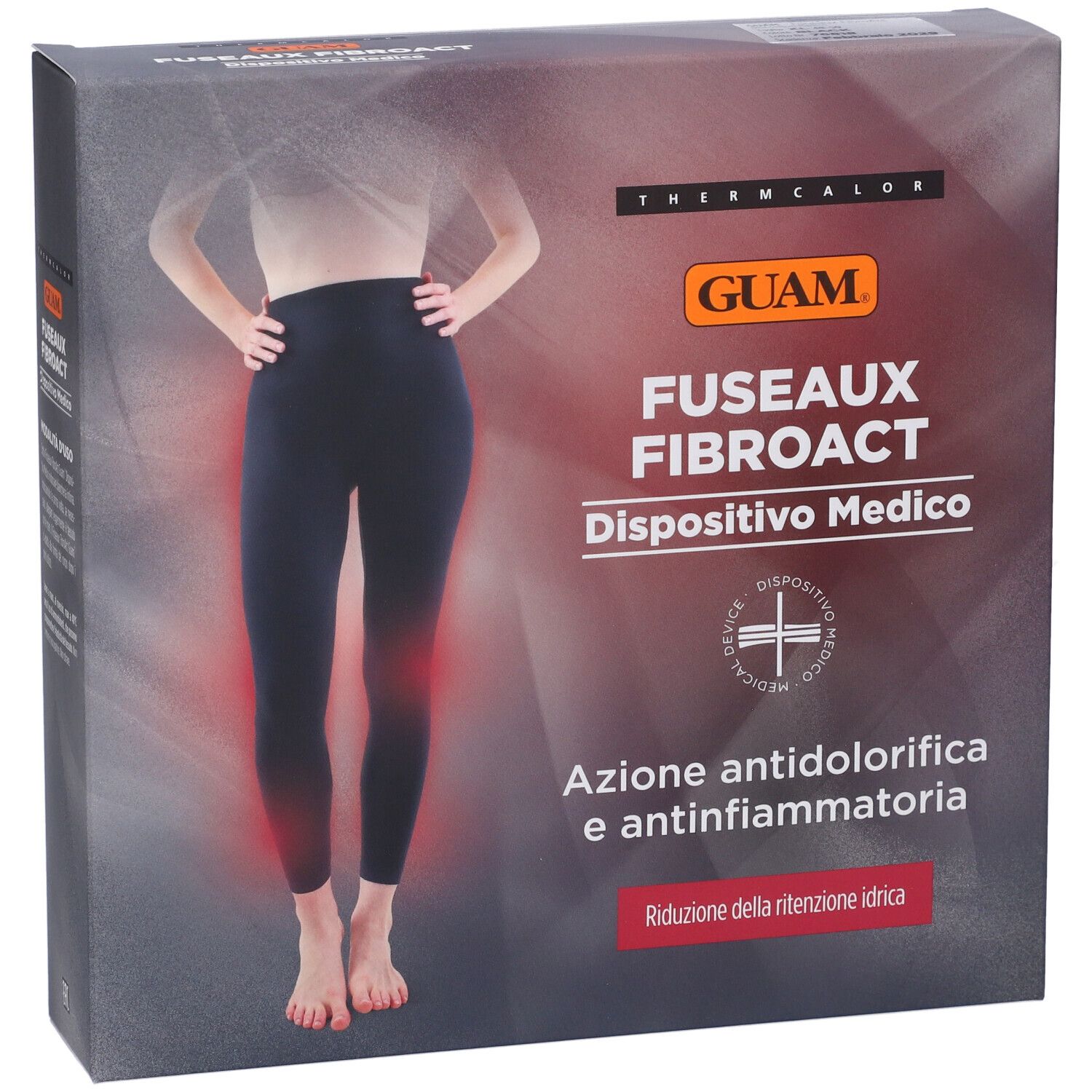 Confezione del prodotto. Testo: GUAM, FUSEAUX FIBROACT, dispositivo medico. Scritta: Azione antidolorifica e antinfiammatoria.
